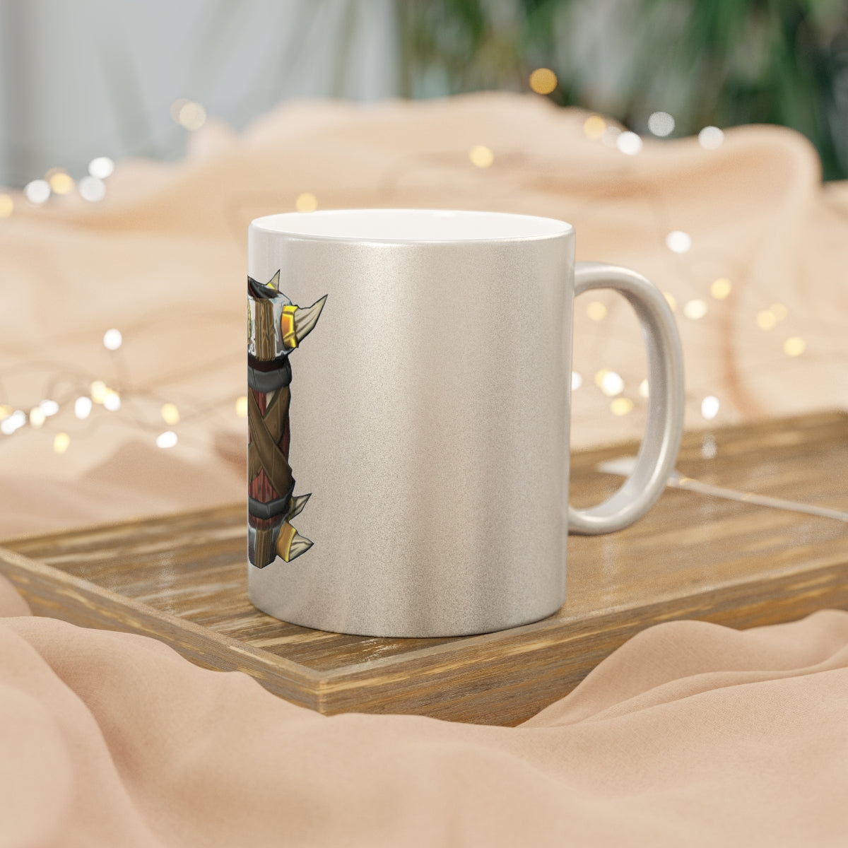 Raptor Barrel Metallic Mug in silver and gold finishes, showcasing a personalized design with a comfortable C-handle.