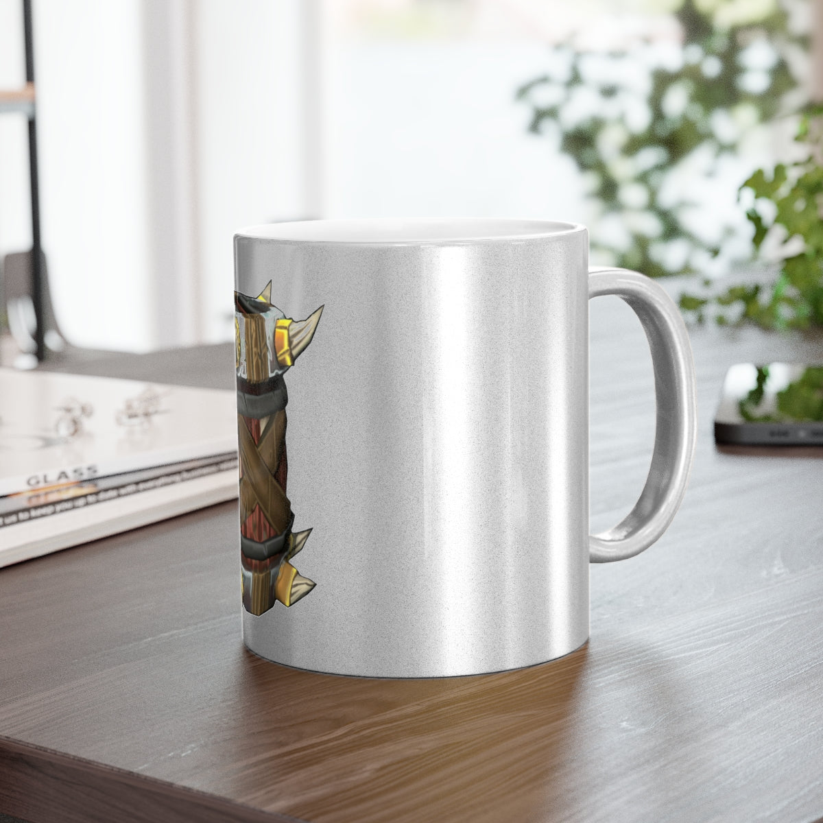 Raptor Barrel Metallic Mug in silver and gold finishes, showcasing a personalized design with a comfortable C-handle.