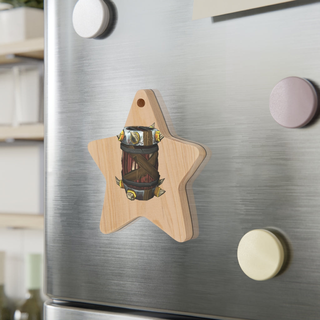 Raptor Barrel Wooden Christmas Ornaments in various whimsical shapes, featuring a rustic wooden finish and red hanging ribbons.