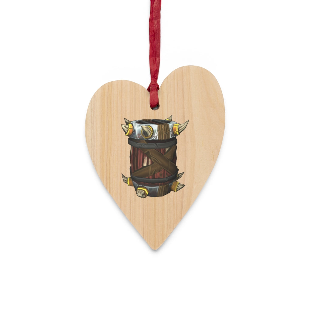 Raptor Barrel Wooden Christmas Ornaments in various whimsical shapes, featuring a rustic wooden finish and red hanging ribbons.