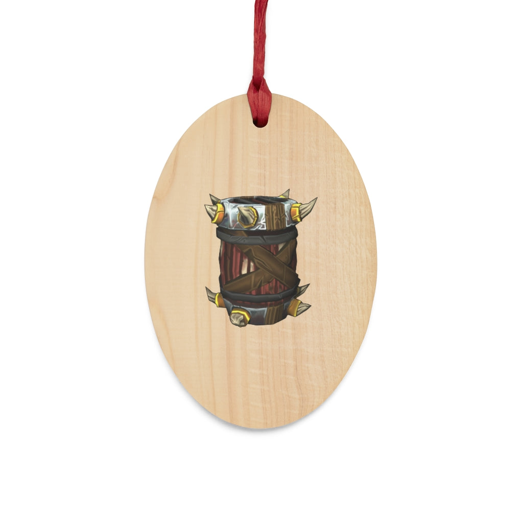 Raptor Barrel Wooden Christmas Ornaments in various whimsical shapes, featuring a rustic wooden finish and red hanging ribbons.