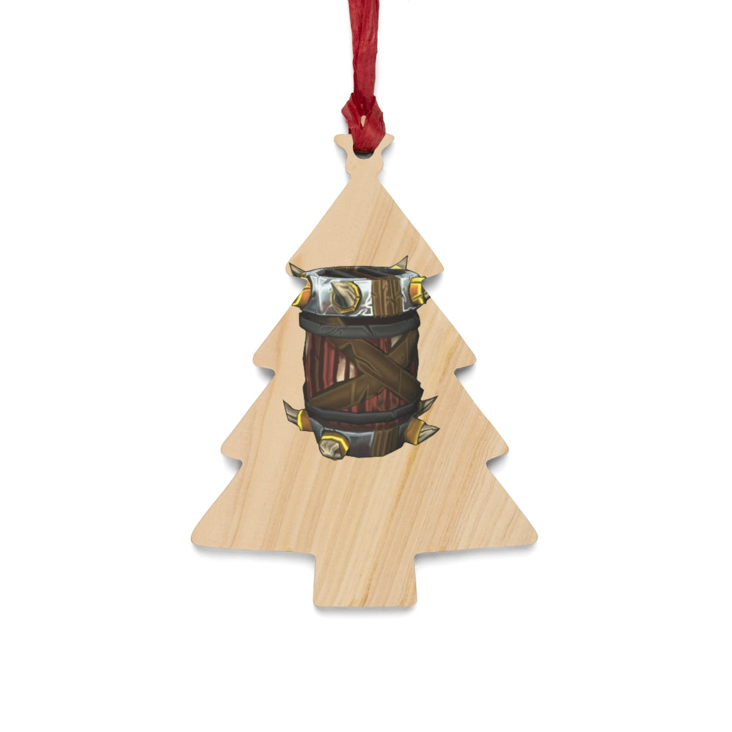 Raptor Barrel Wooden Christmas Ornaments in various whimsical shapes, featuring a rustic wooden finish and red hanging ribbons.