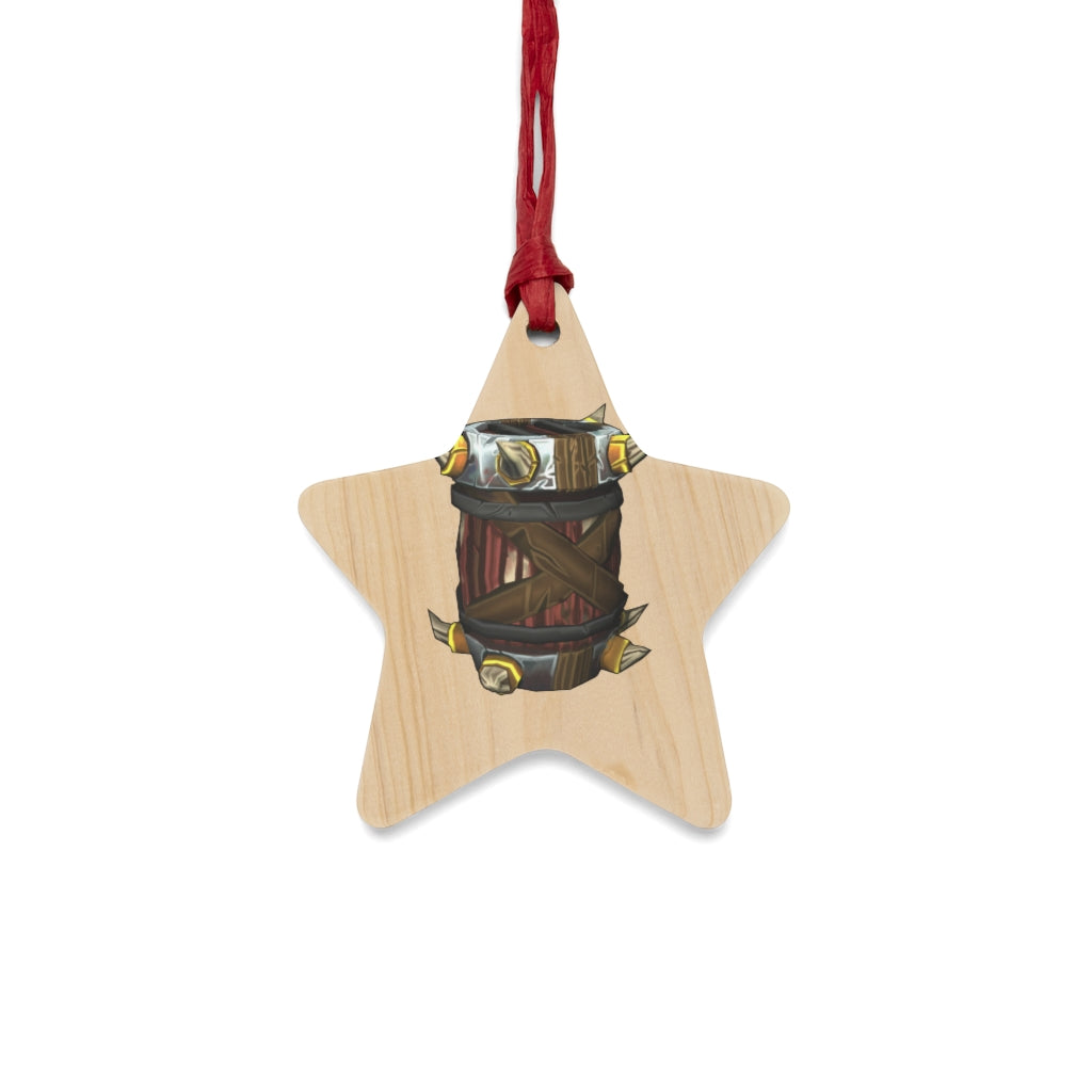 Raptor Barrel Wooden Christmas Ornaments in various whimsical shapes, featuring a rustic wooden finish and red hanging ribbons.