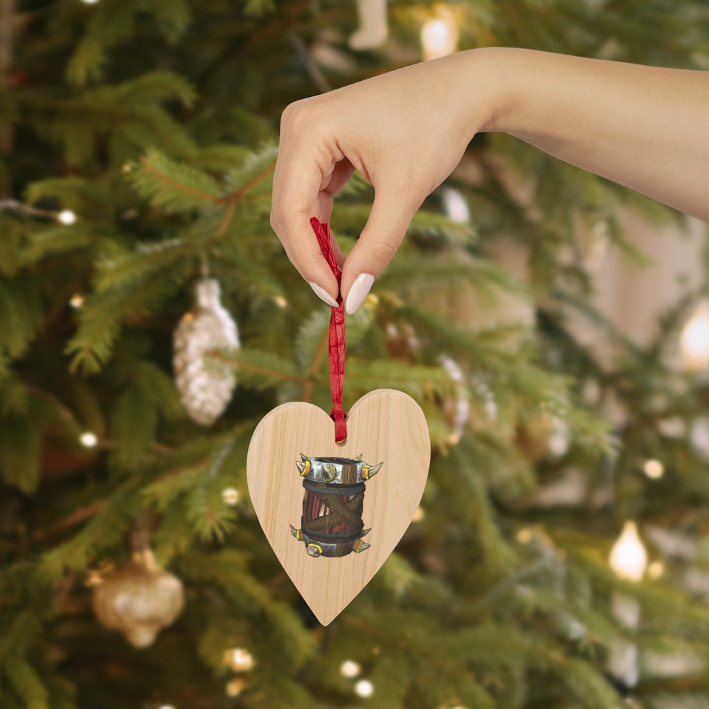 Raptor Barrel Wooden Christmas Ornaments in various whimsical shapes, featuring a rustic wooden finish and red hanging ribbons.