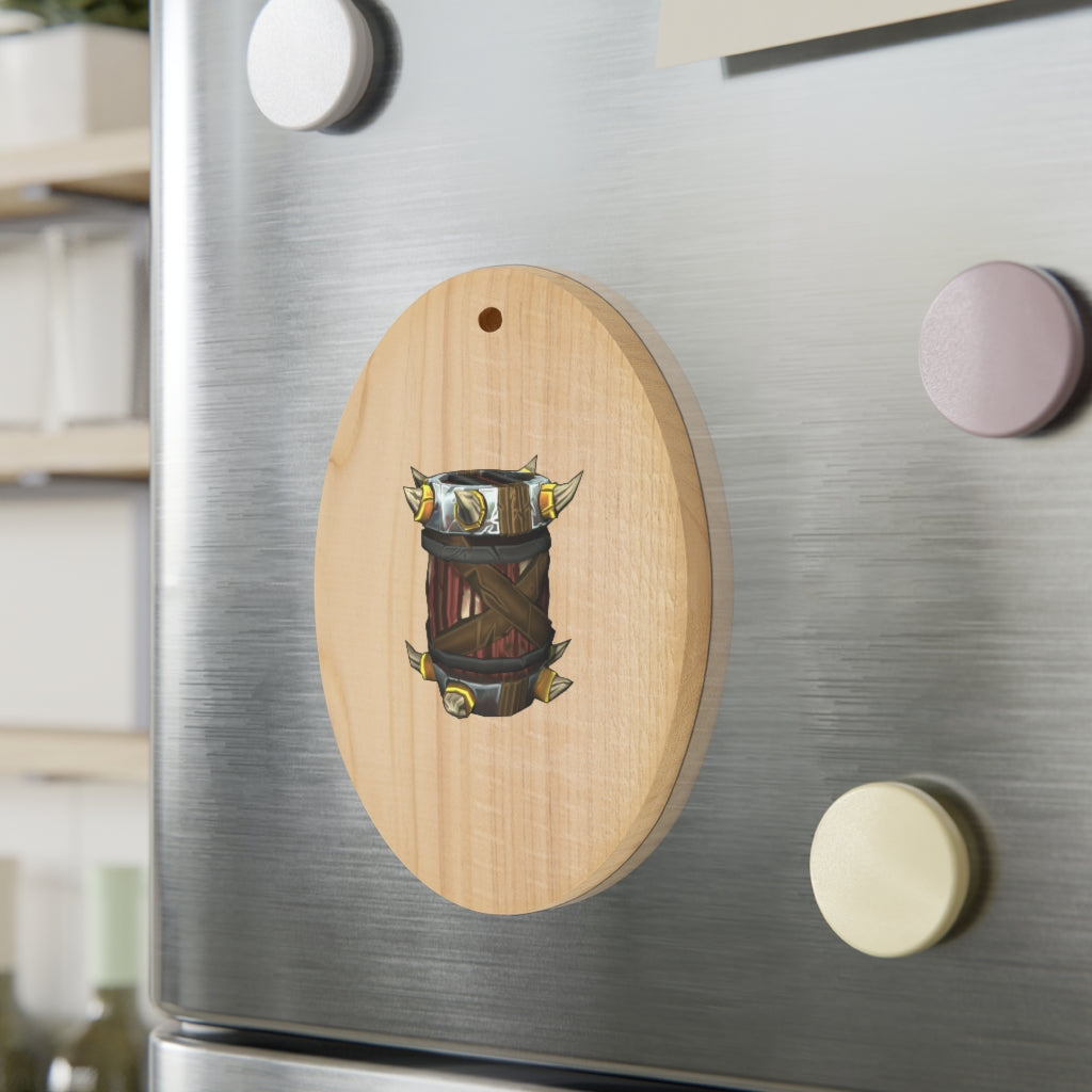 Raptor Barrel Wooden Christmas Ornaments in various whimsical shapes, featuring a rustic wooden finish and red hanging ribbons.