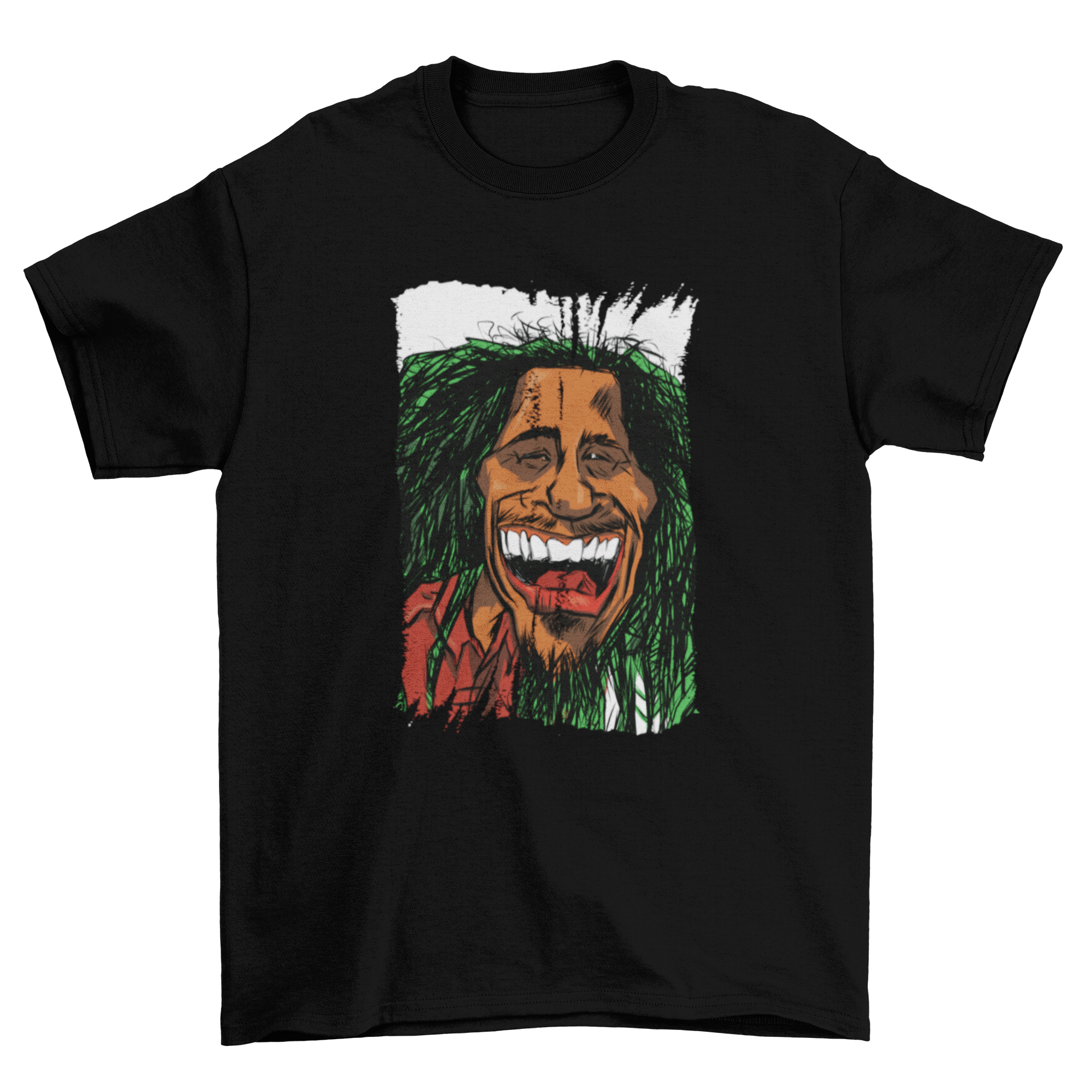Rasta Man Cartoon T-Shirt featuring a colorful illustration of a man with dreadlocks and a big toothy smile.