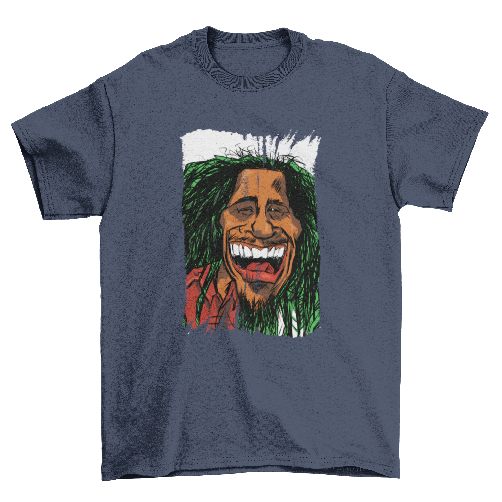 Rasta Man Cartoon T-Shirt featuring a colorful illustration of a man with dreadlocks and a big toothy smile.
