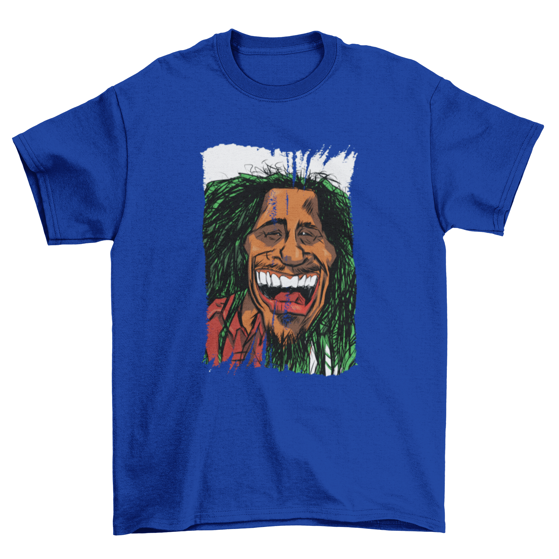 Rasta Man Cartoon T-Shirt featuring a colorful illustration of a man with dreadlocks and a big toothy smile.