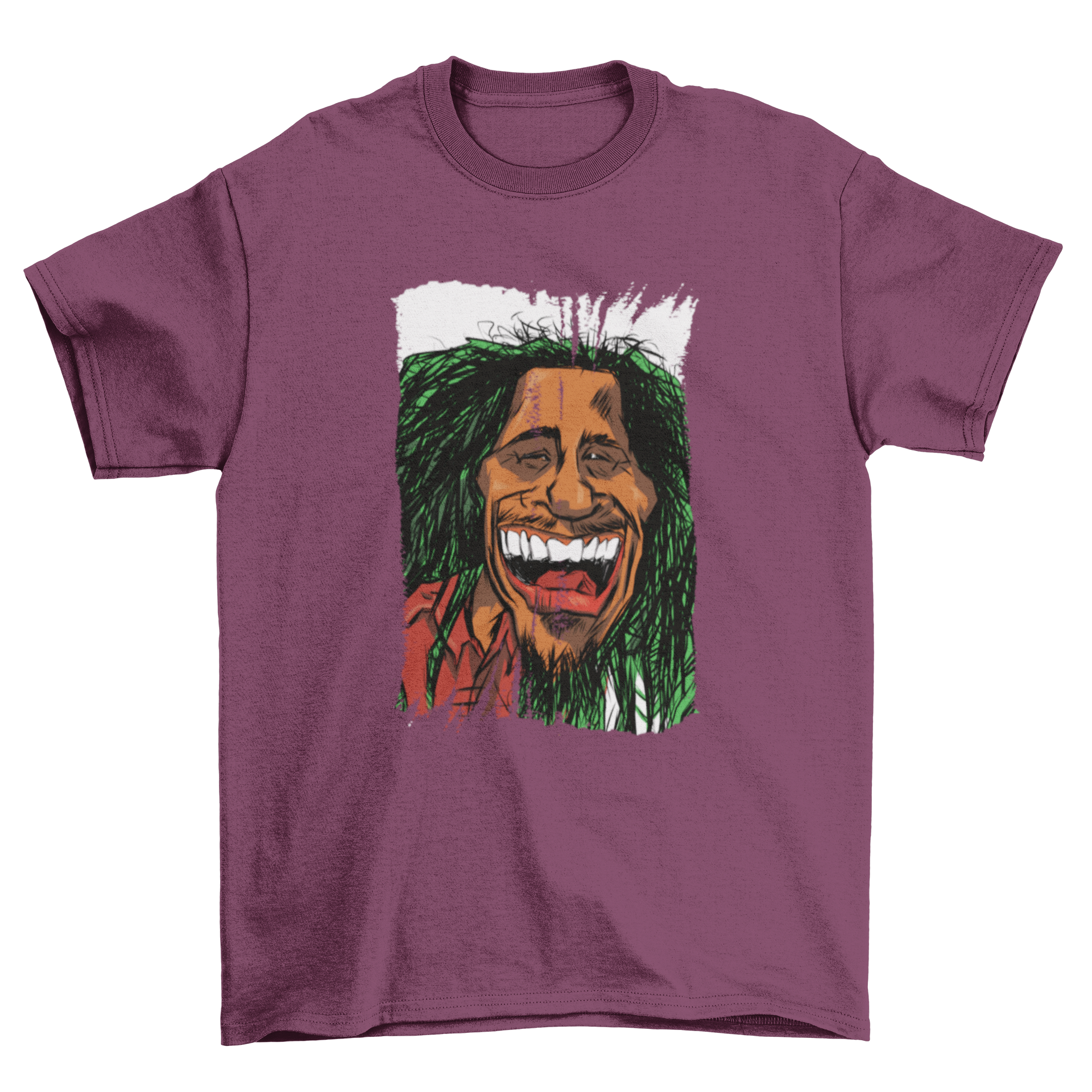 Rasta Man Cartoon T-Shirt featuring a colorful illustration of a man with dreadlocks and a big toothy smile.