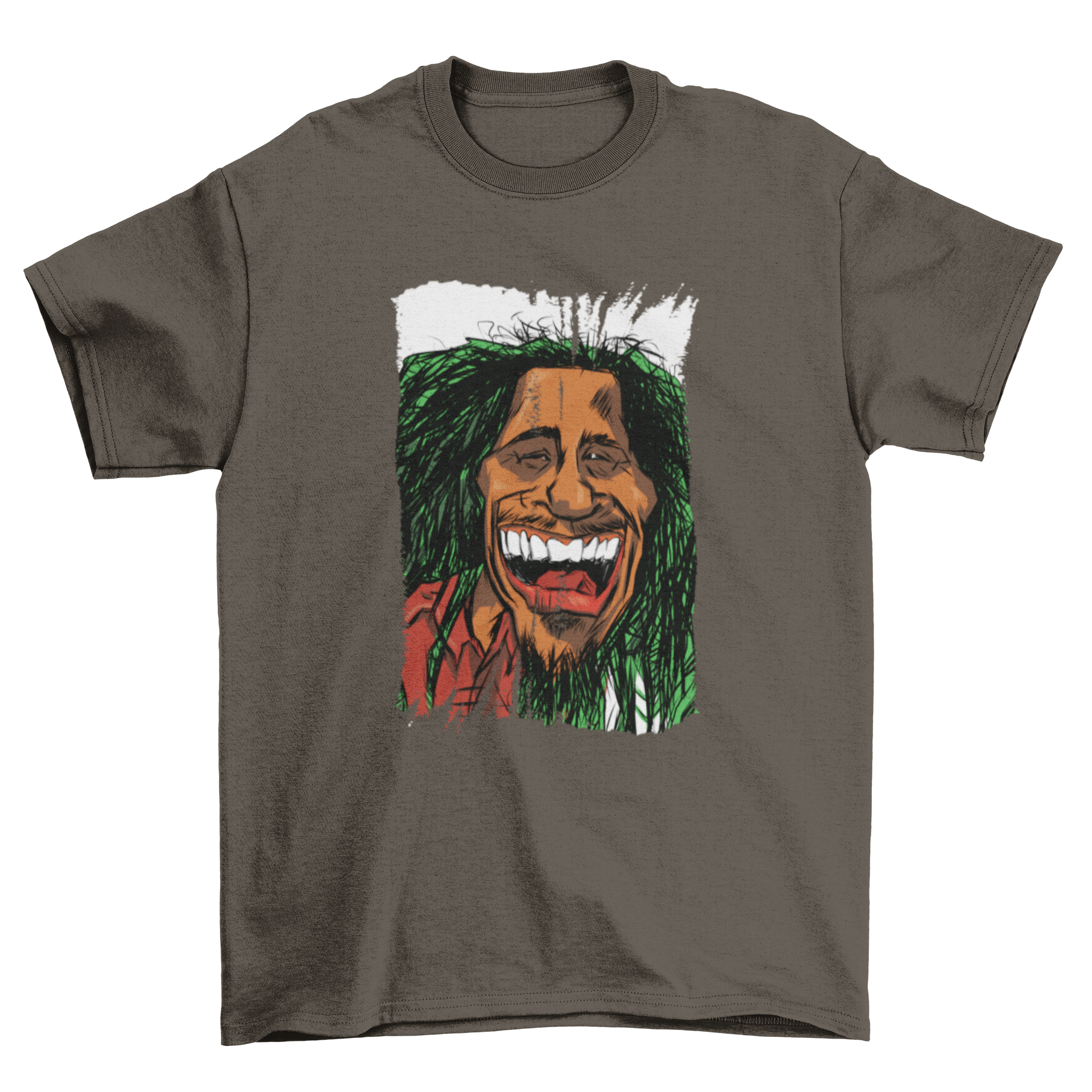 Rasta Man Cartoon T-Shirt featuring a colorful illustration of a man with dreadlocks and a big toothy smile.
