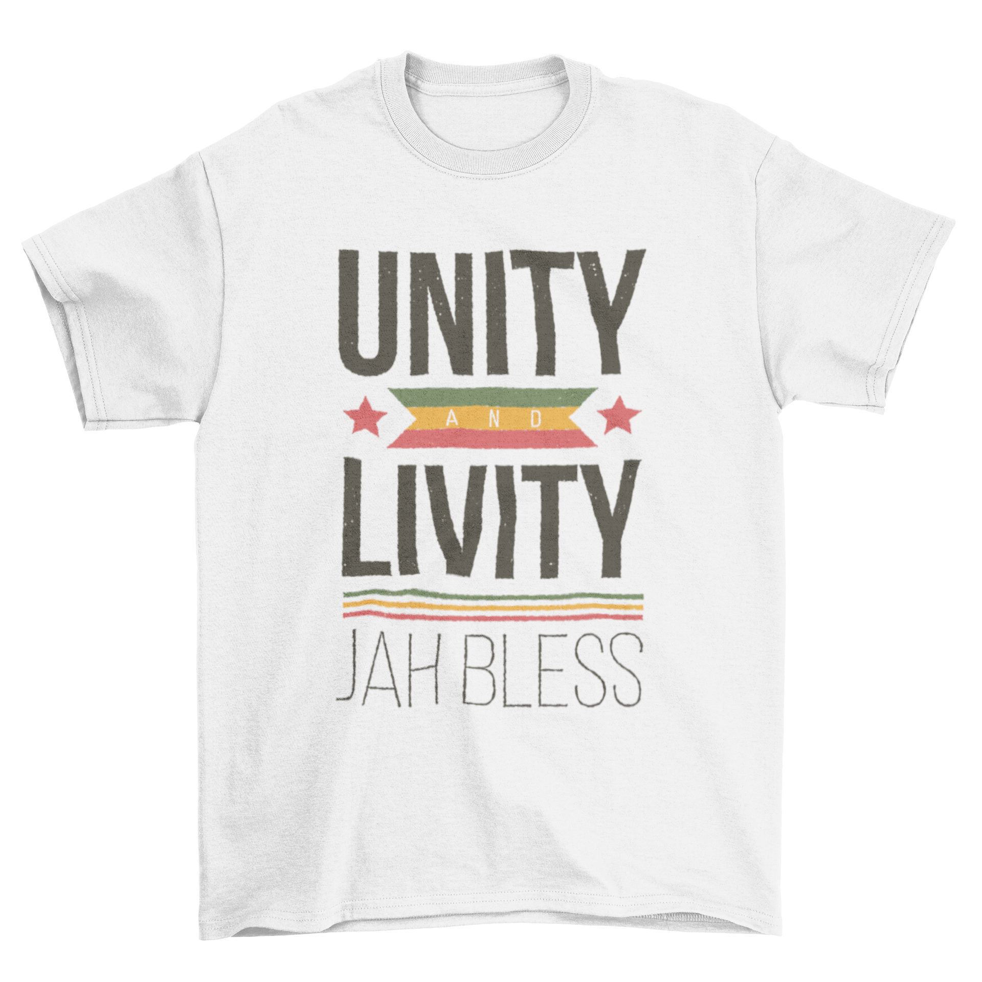 Rastafari Quote Lettering T-shirt featuring 'UNITY AND LIVITY - JAH BLESS' in bold lettering.