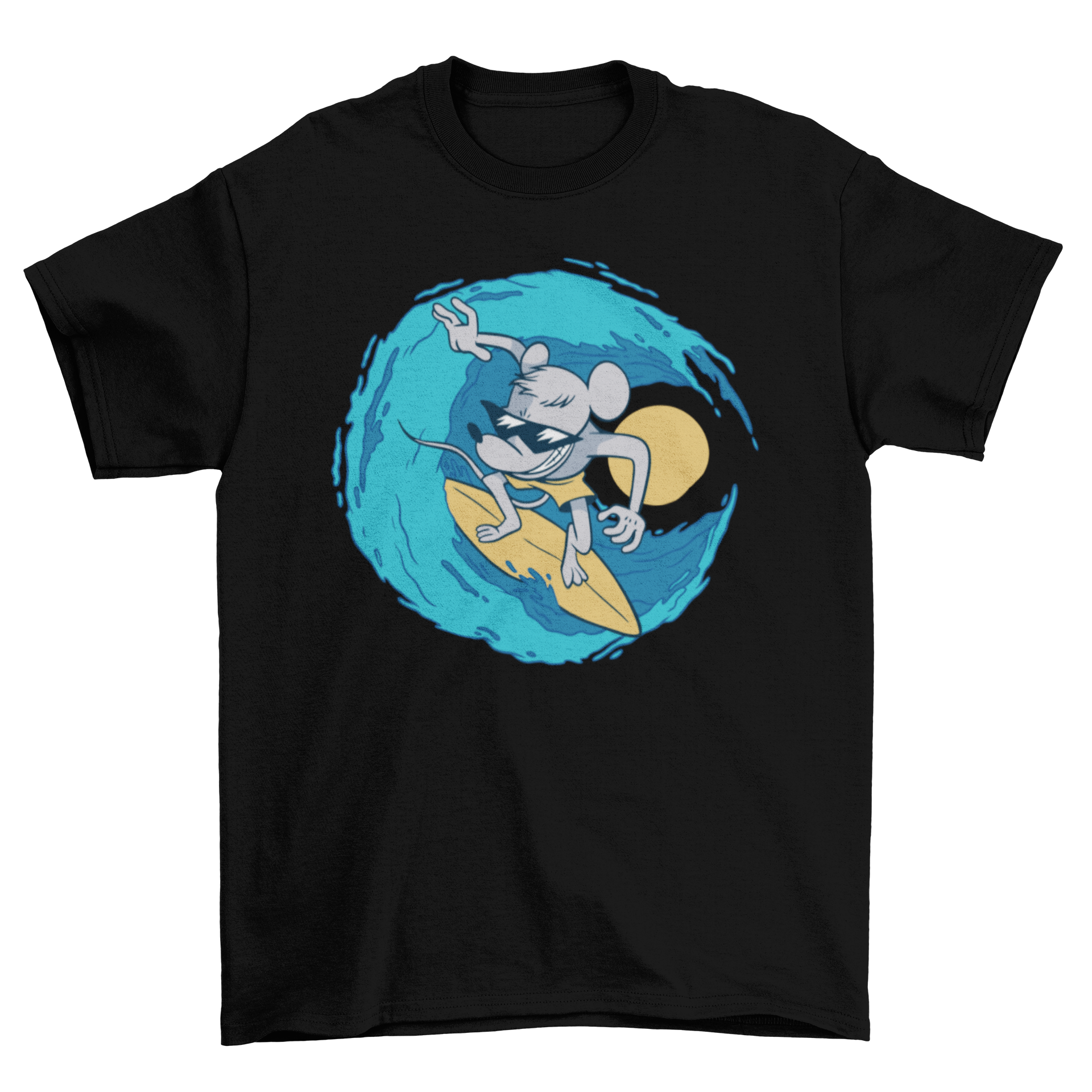 A stylish t-shirt featuring a colorful illustration of a rat surfing on a wave, perfect for beach lovers.