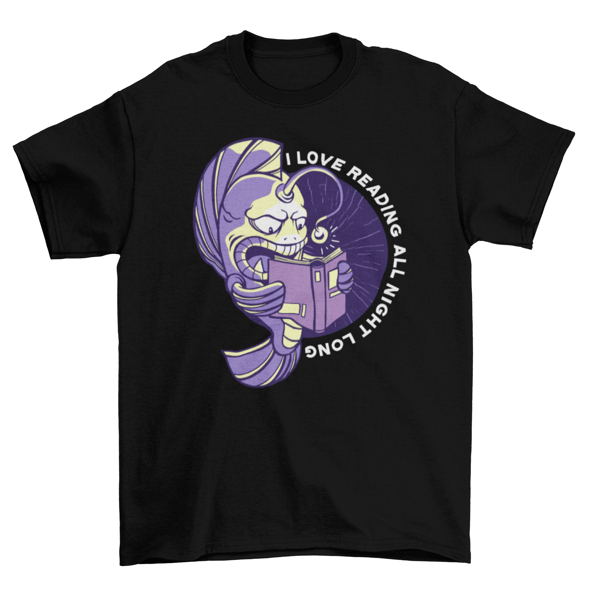 A stylish t-shirt featuring a whimsical fish reading a book with the quote 'I love reading all night long'.