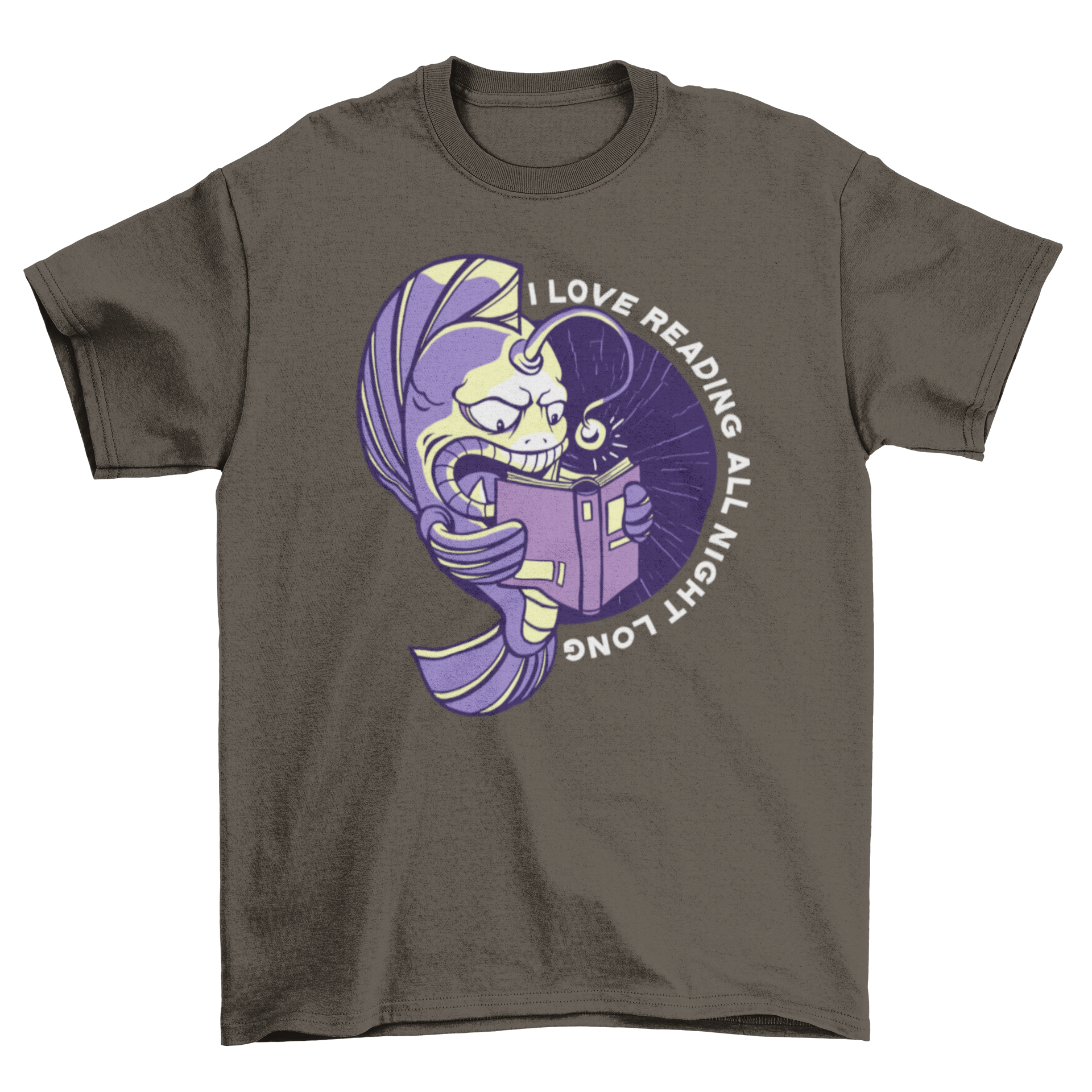 A stylish t-shirt featuring a whimsical fish reading a book with the quote 'I love reading all night long'.
