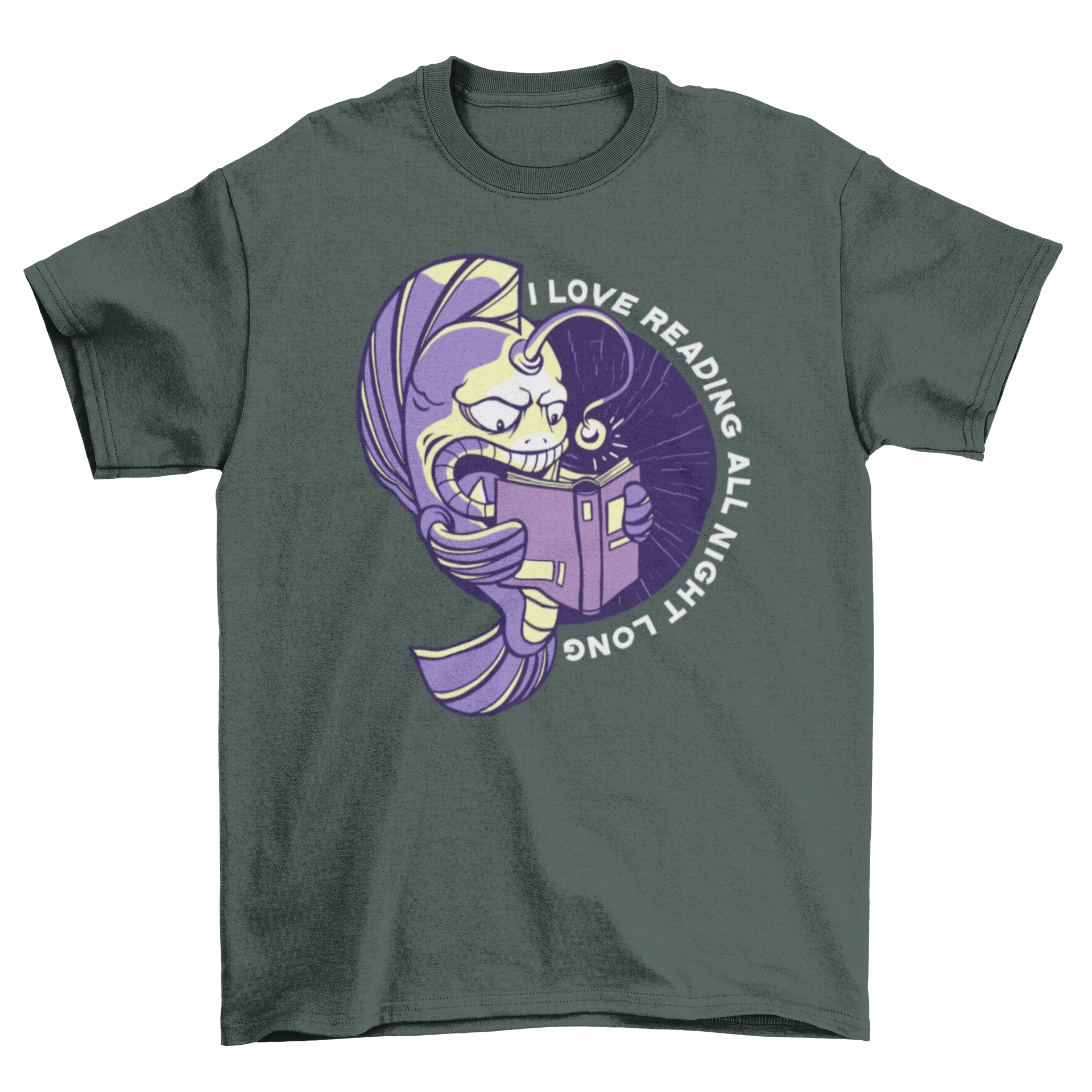A stylish t-shirt featuring a whimsical fish reading a book with the quote 'I love reading all night long'.
