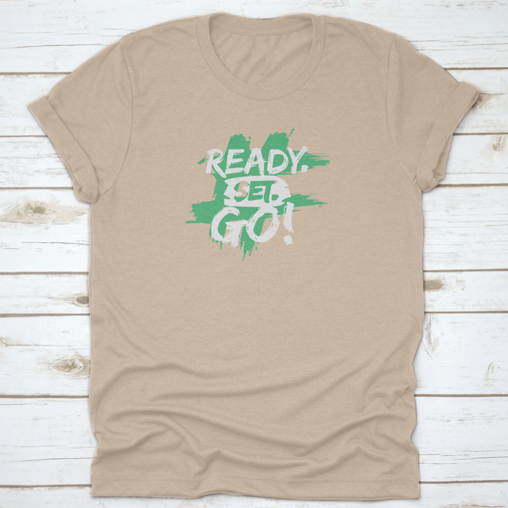 Ready. Set. Go! brush lettering vector illustration design on a cotton fabric, showcasing a stylish and creative typography.