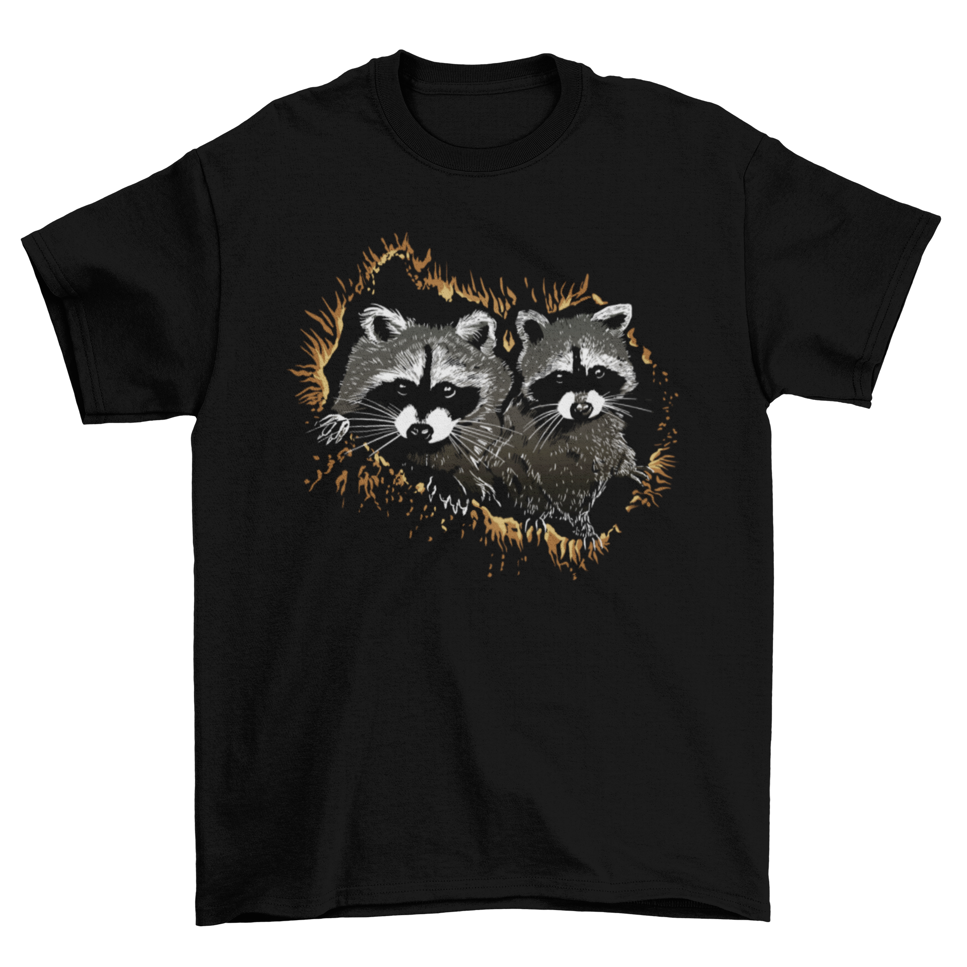 A cute t-shirt featuring two realistic raccoons, showcasing intricate details and vibrant colors.