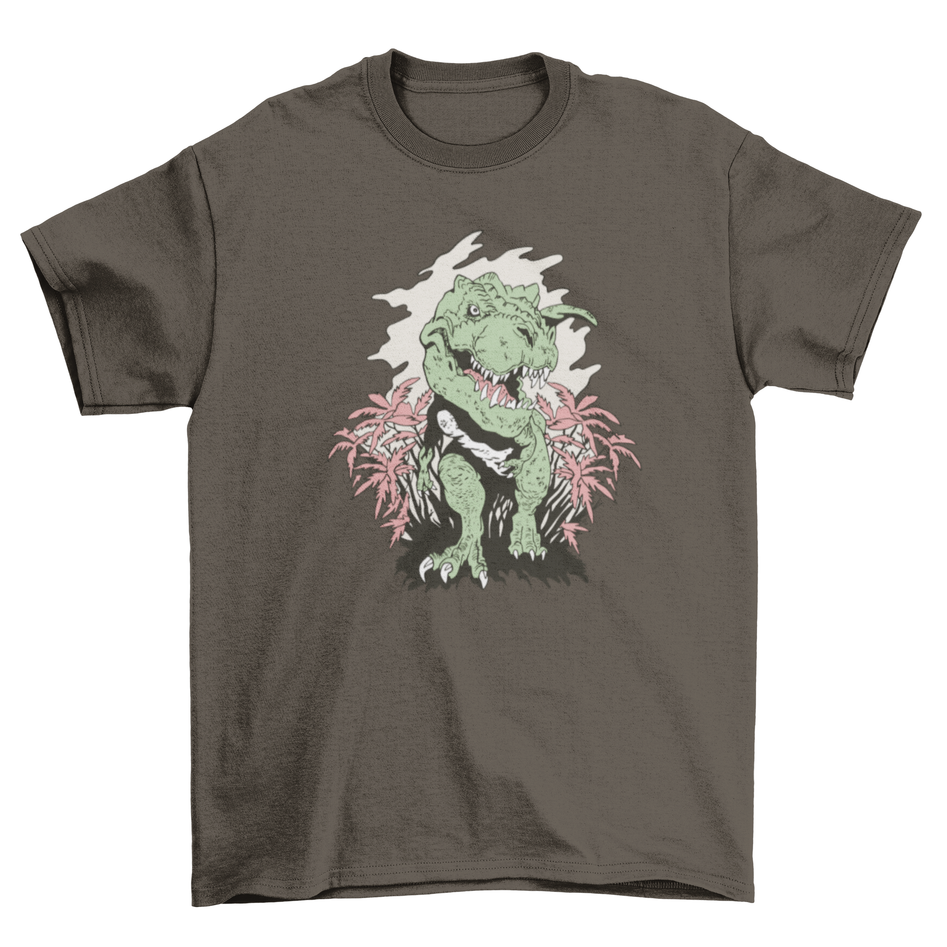 Realistic T-Rex dinosaur design on a stylish t-shirt, showcasing vibrant colors and intricate details.