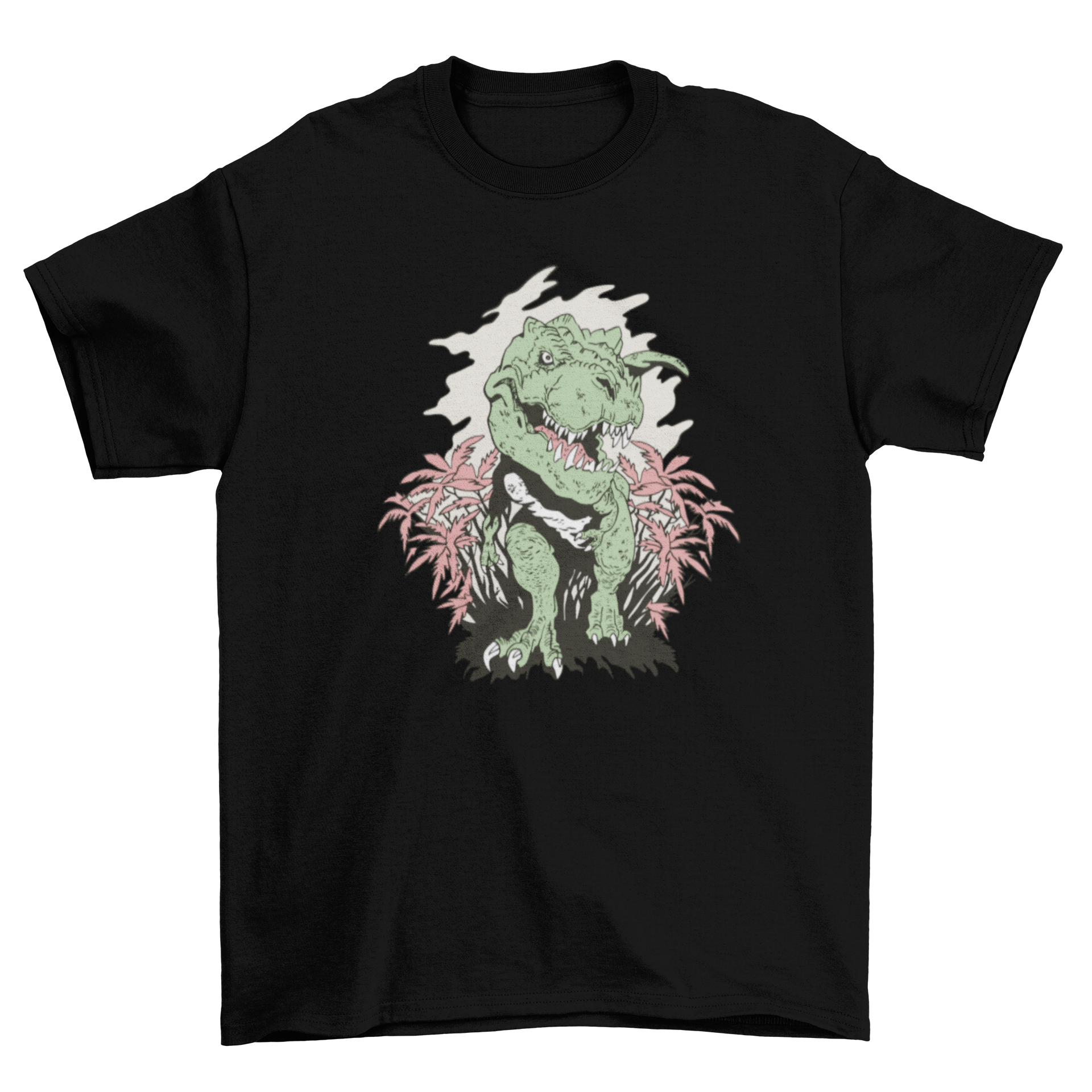 Realistic T-Rex dinosaur design on a stylish t-shirt, showcasing vibrant colors and intricate details.