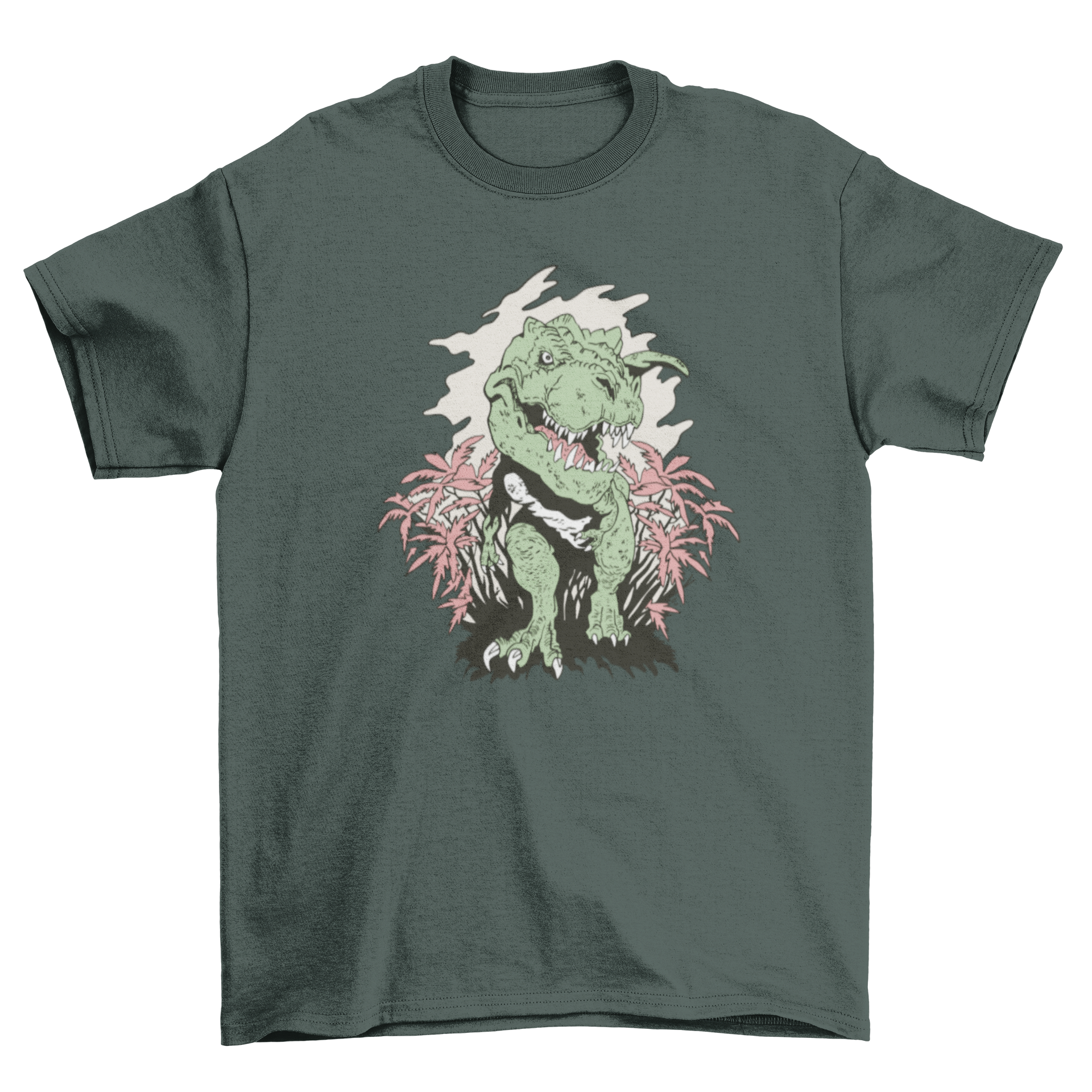 Realistic T-Rex dinosaur design on a stylish t-shirt, showcasing vibrant colors and intricate details.