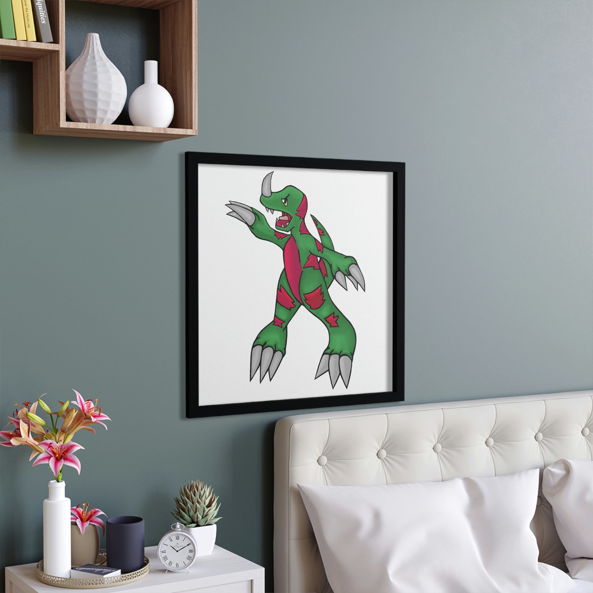 Recgor Framed Poster featuring a hand-crafted wooden frame with vibrant custom designs, ready for hanging.