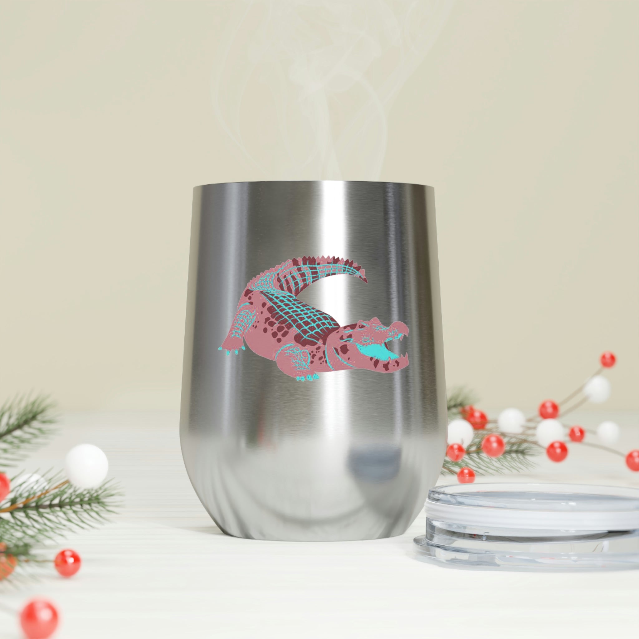 Red Alligator Wine Tumbler with clear lid, showcasing its stylish design and double insulation features.