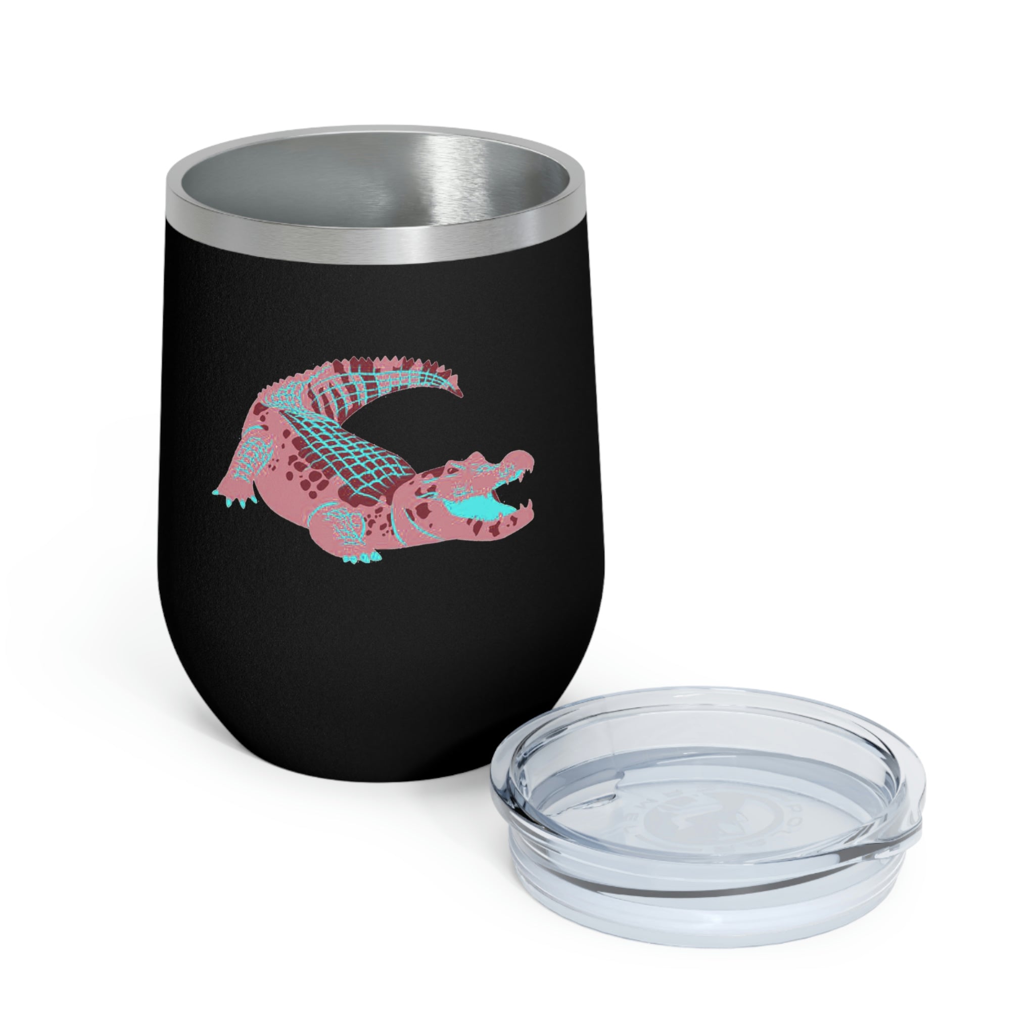 Red Alligator Wine Tumbler with clear lid, showcasing its stylish design and double insulation features.