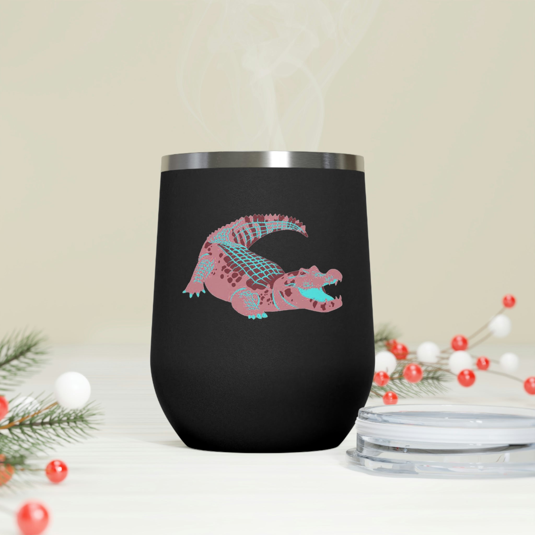 Red Alligator Wine Tumbler with clear lid, showcasing its stylish design and double insulation features.