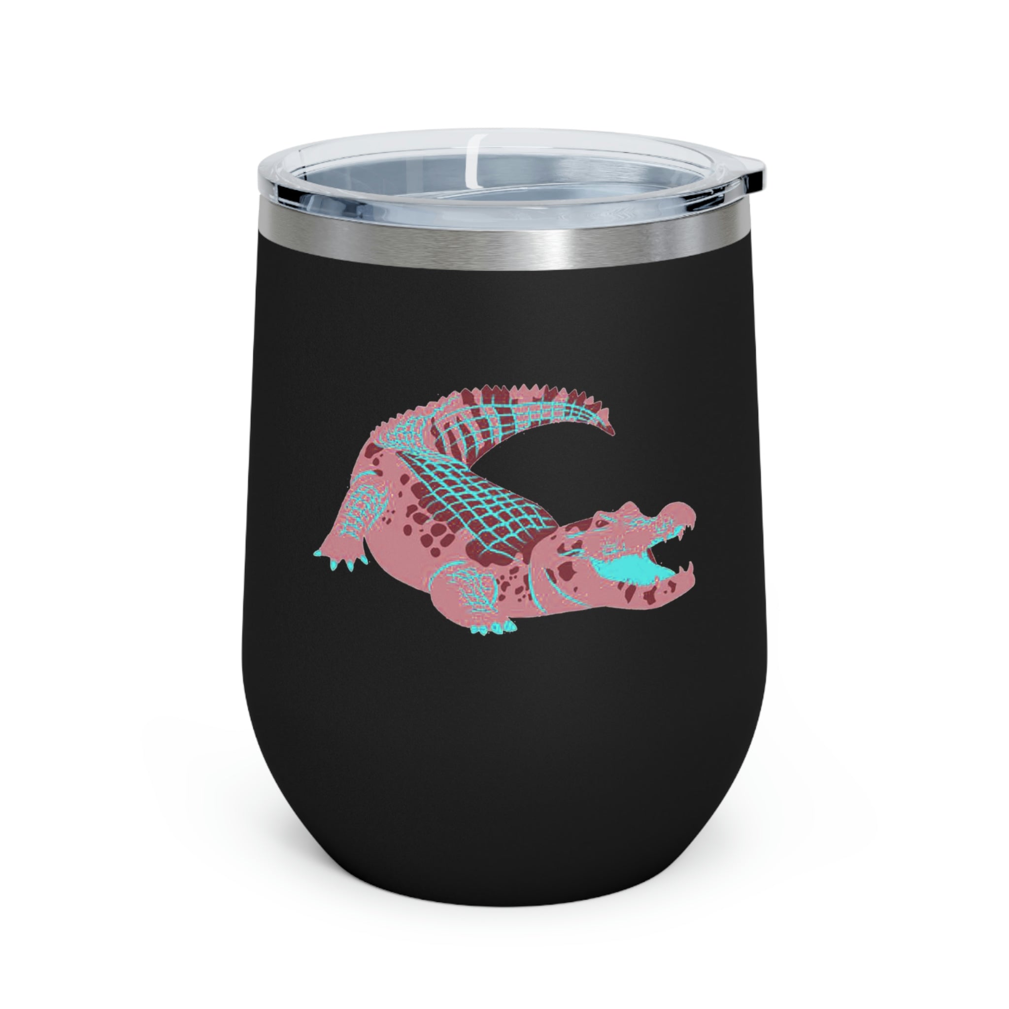Red Alligator Wine Tumbler with clear lid, showcasing its stylish design and double insulation features.