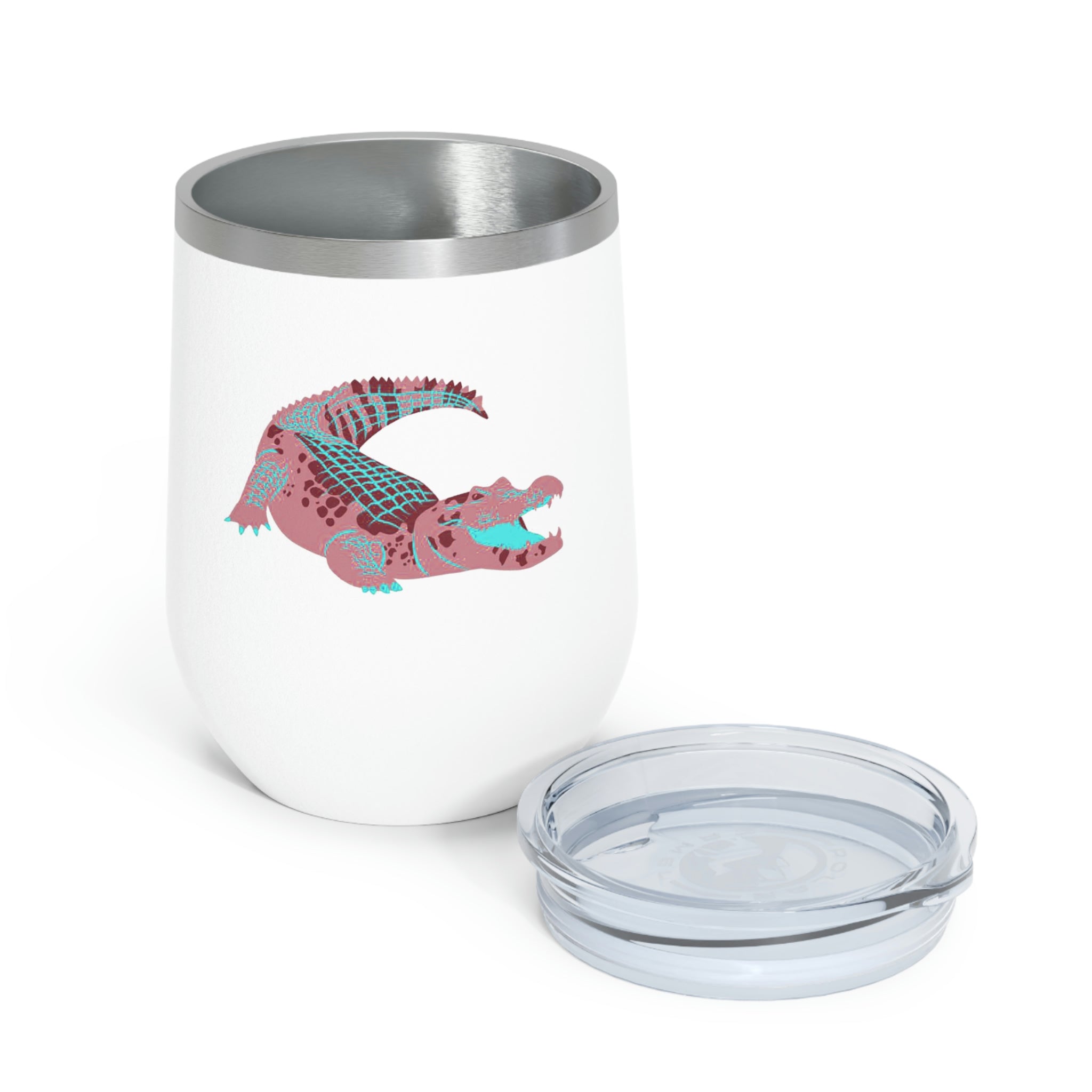 Red Alligator Wine Tumbler with clear lid, showcasing its stylish design and double insulation features.