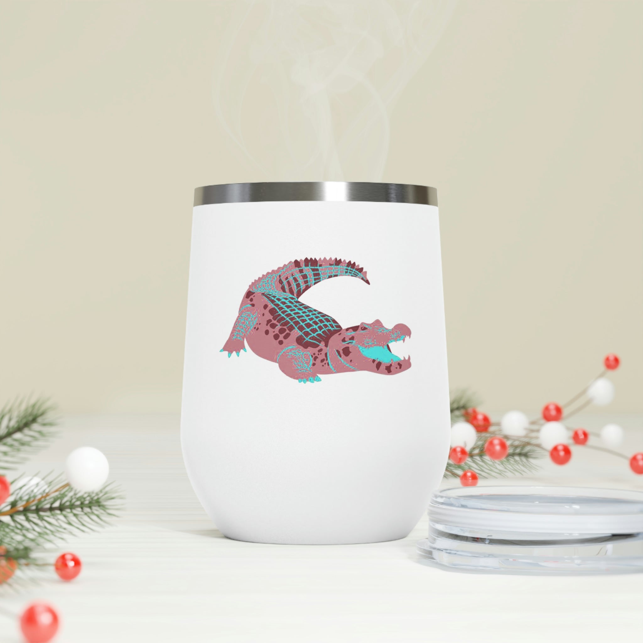 Red Alligator Wine Tumbler with clear lid, showcasing its stylish design and double insulation features.