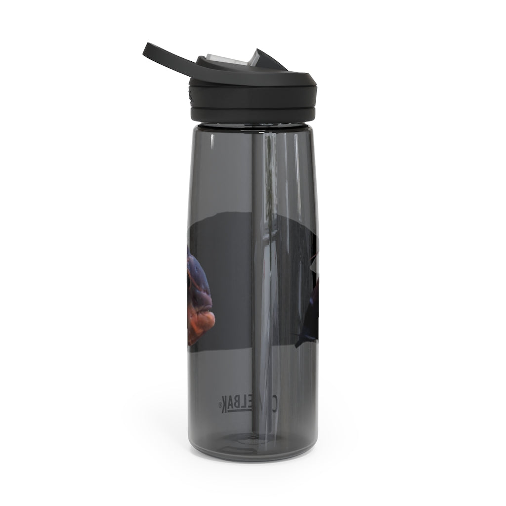 Red and Black Fish CamelBak Eddy® Water Bottle, 20oz and 25oz sizes, featuring a spill-proof biting valve and easy-carry handle.