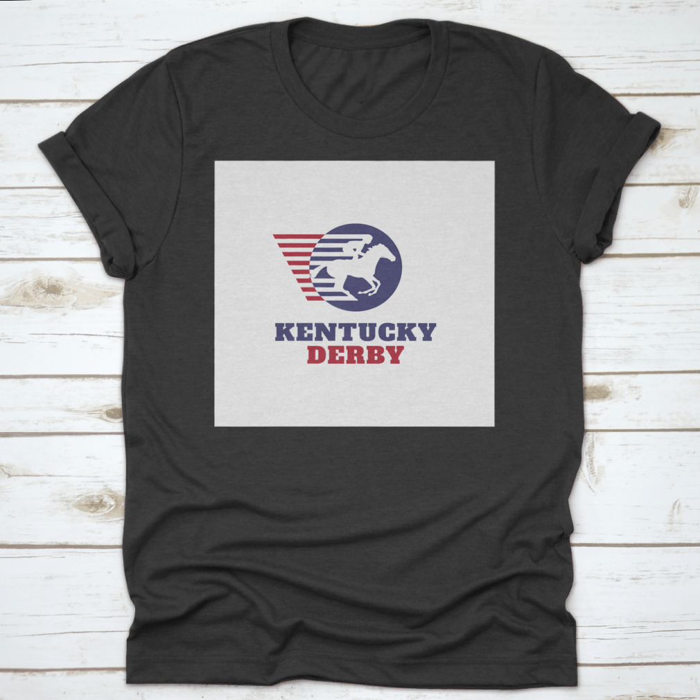 Red and blue horse racing sport logo t-shirt featuring Kentucky Derby typography, showcasing vibrant colors and classic fit.