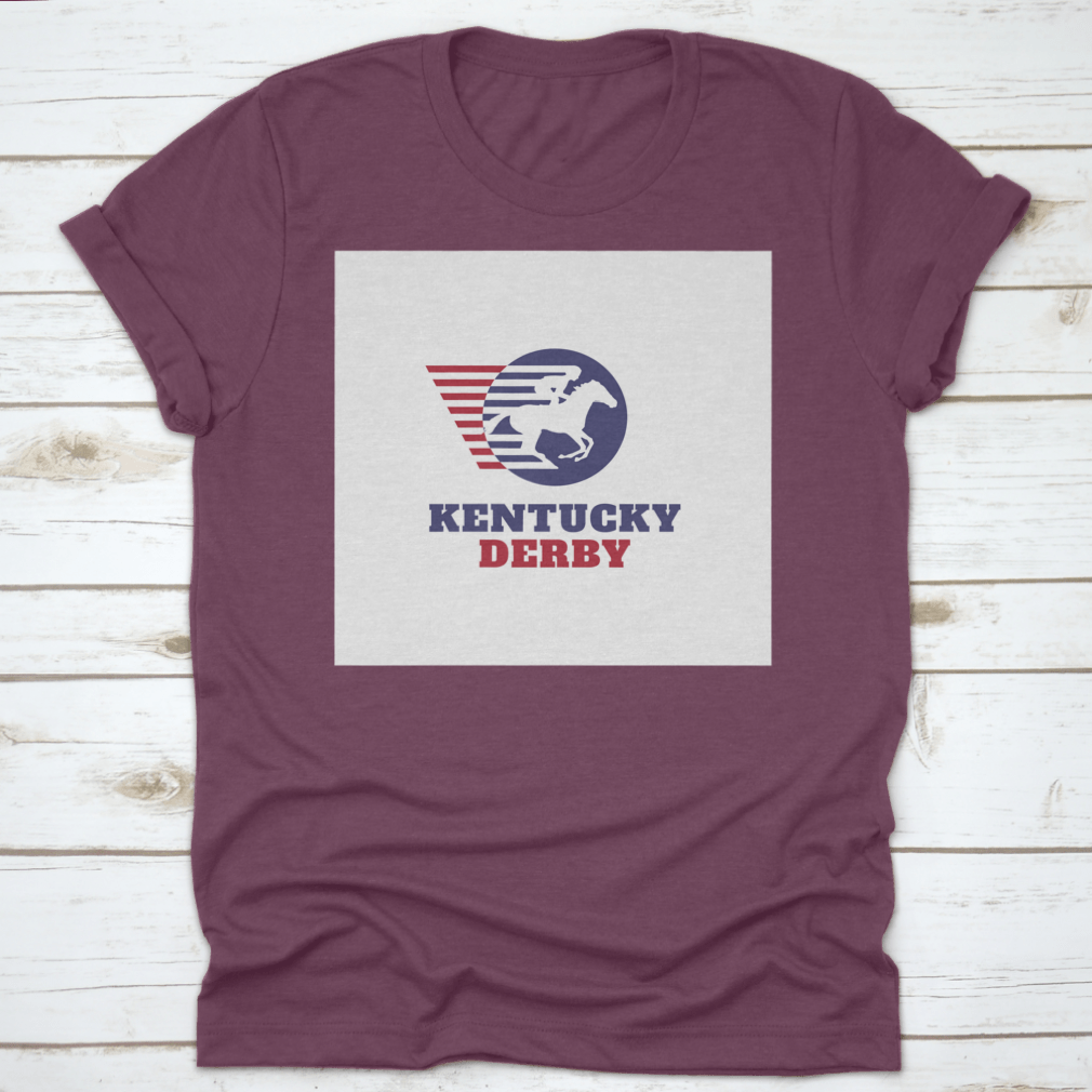 Red and blue horse racing sport logo t-shirt featuring Kentucky Derby typography, showcasing vibrant colors and classic fit.