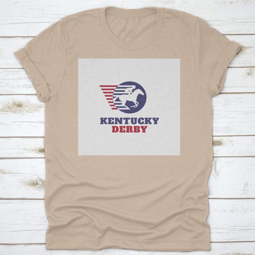 Red and blue horse racing sport logo t-shirt featuring Kentucky Derby typography, showcasing vibrant colors and classic fit.