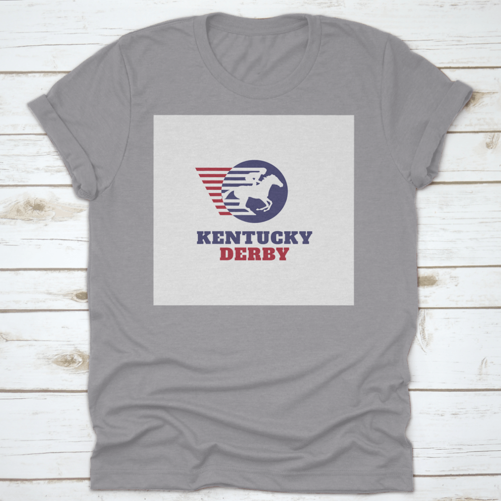 Red and blue horse racing sport logo t-shirt featuring Kentucky Derby typography, showcasing vibrant colors and classic fit.