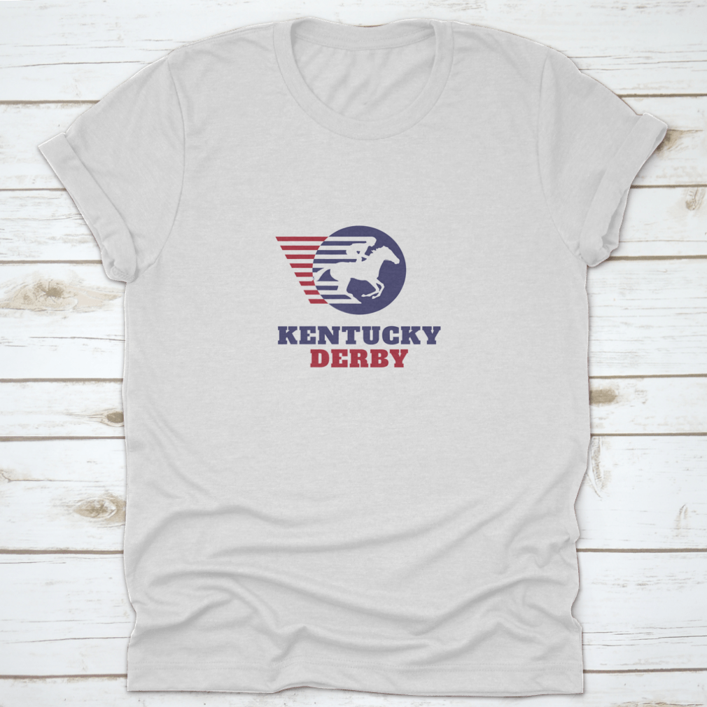 Red and blue horse racing sport logo t-shirt featuring Kentucky Derby typography, showcasing vibrant colors and classic fit.