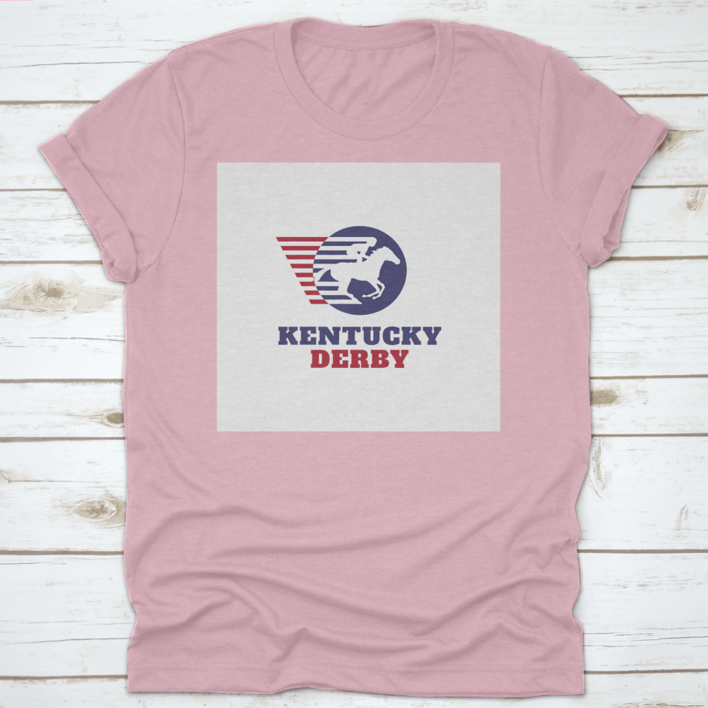 Red and blue horse racing sport logo t-shirt featuring Kentucky Derby typography, showcasing vibrant colors and classic fit.