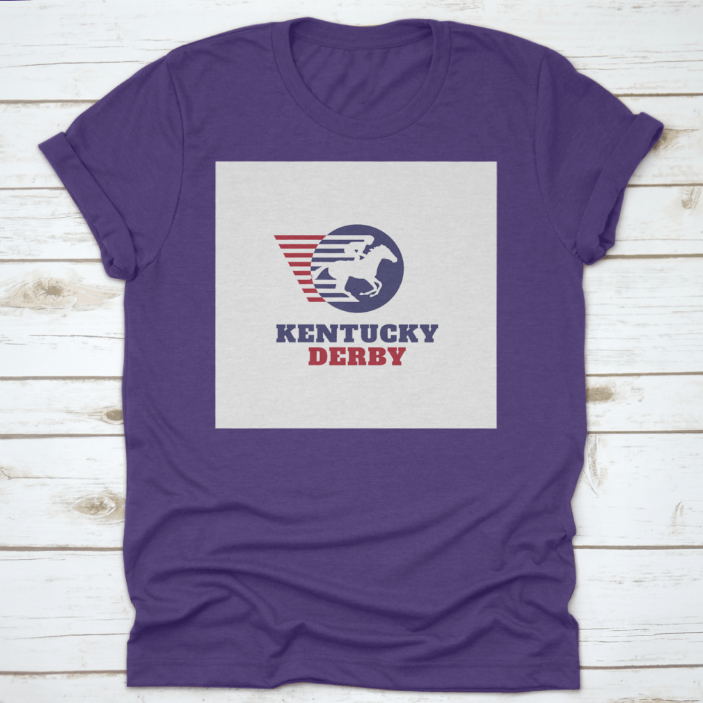 Red and blue horse racing sport logo t-shirt featuring Kentucky Derby typography, showcasing vibrant colors and classic fit.