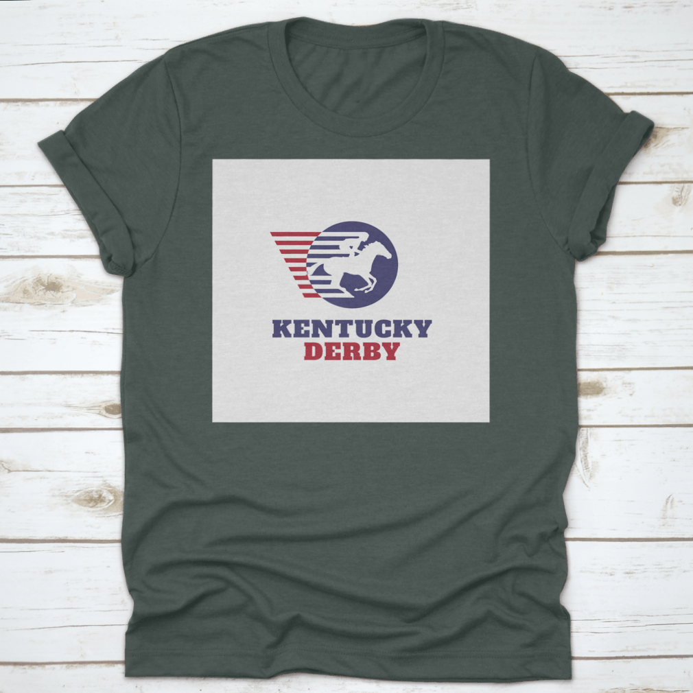 Red and blue horse racing sport logo t-shirt featuring Kentucky Derby typography, showcasing vibrant colors and classic fit.