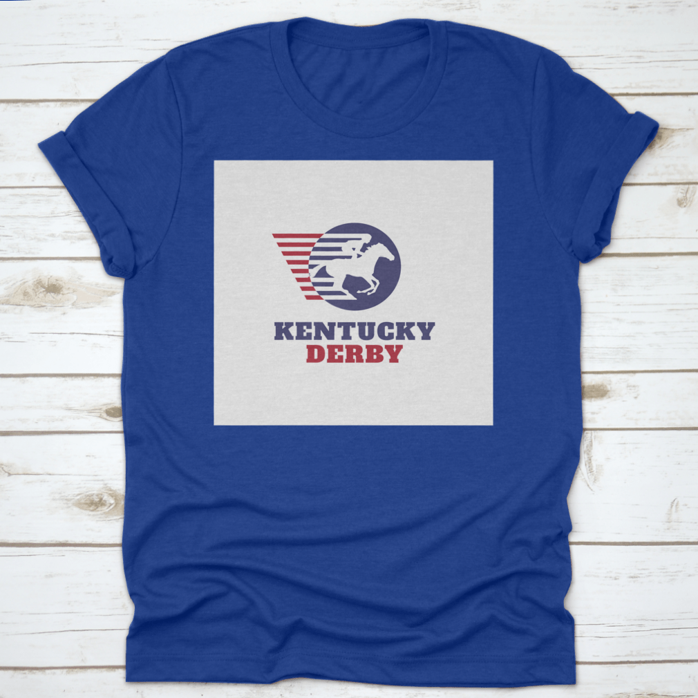 Red and blue horse racing sport logo t-shirt featuring Kentucky Derby typography, showcasing vibrant colors and classic fit.