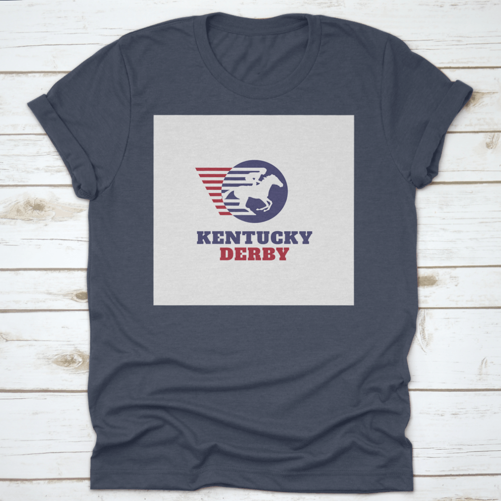 Red and blue horse racing sport logo t-shirt featuring Kentucky Derby typography, showcasing vibrant colors and classic fit.