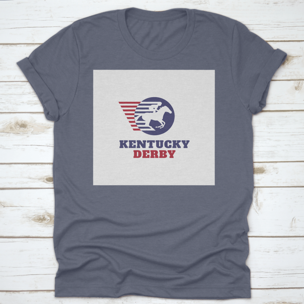 Red and blue horse racing sport logo t-shirt featuring Kentucky Derby typography, showcasing vibrant colors and classic fit.