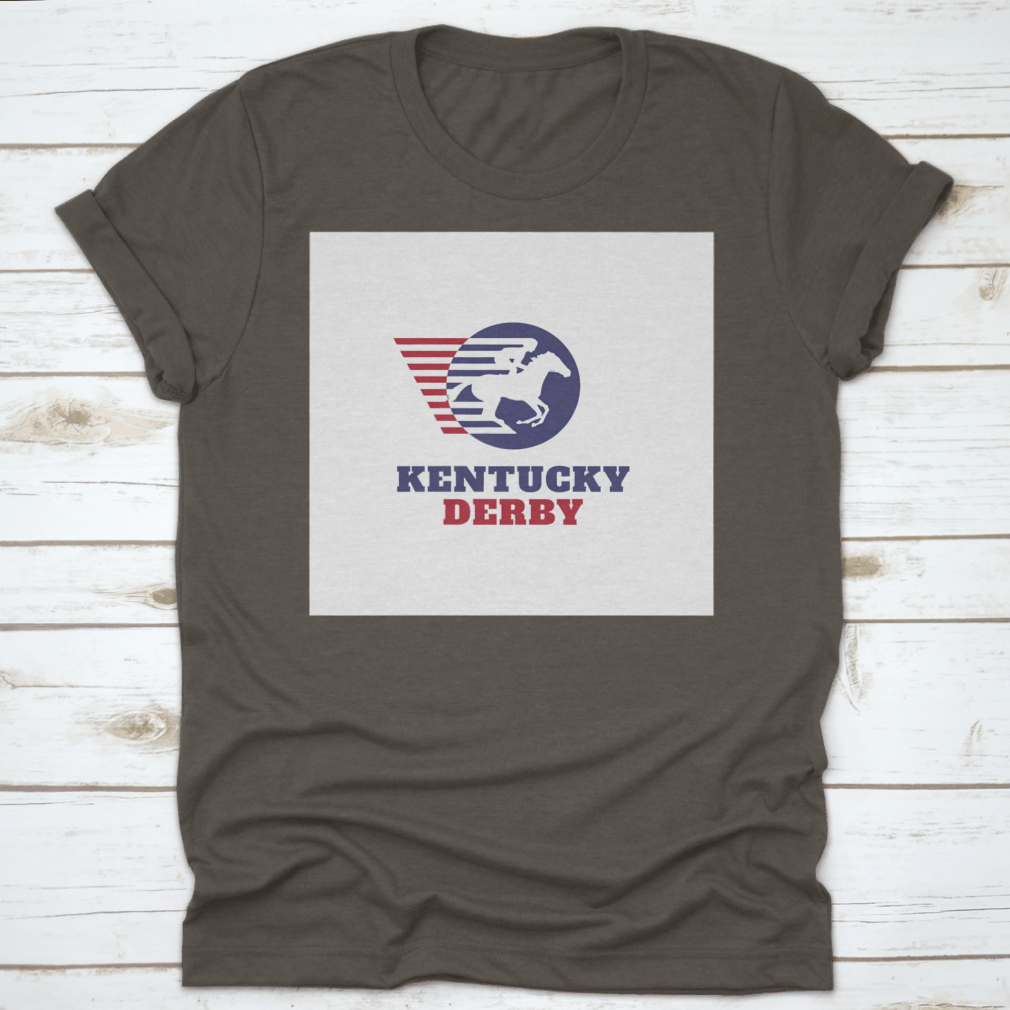 Red and blue horse racing sport logo t-shirt featuring Kentucky Derby typography, showcasing vibrant colors and classic fit.