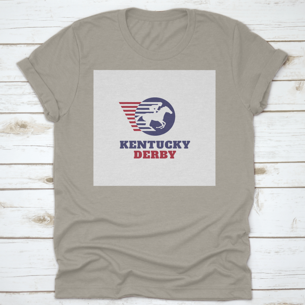 Red and blue horse racing sport logo t-shirt featuring Kentucky Derby typography, showcasing vibrant colors and classic fit.