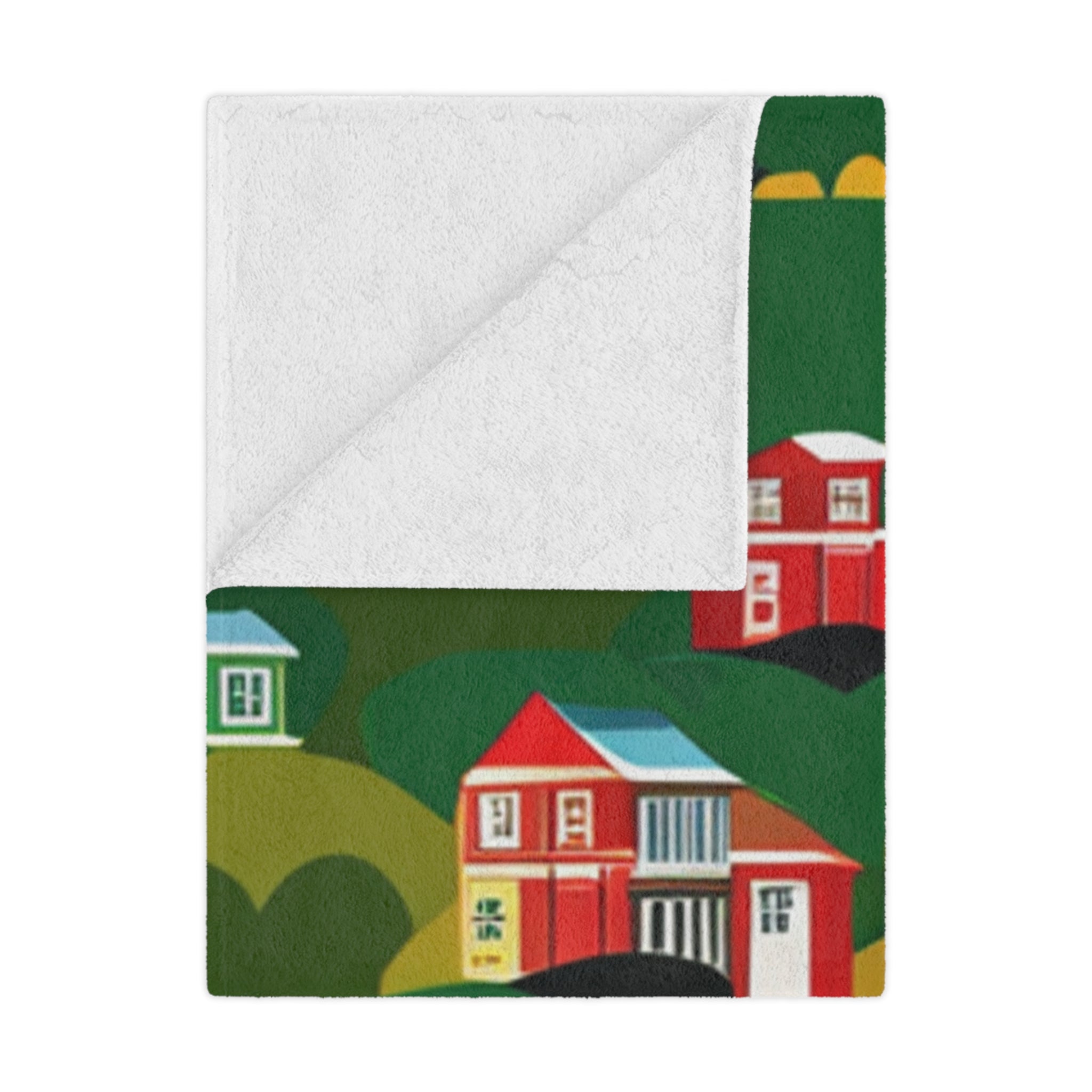 A cozy Red and Orange Houses Minky Blanket featuring a vibrant house print, made from ultra-soft micro-fleece material.