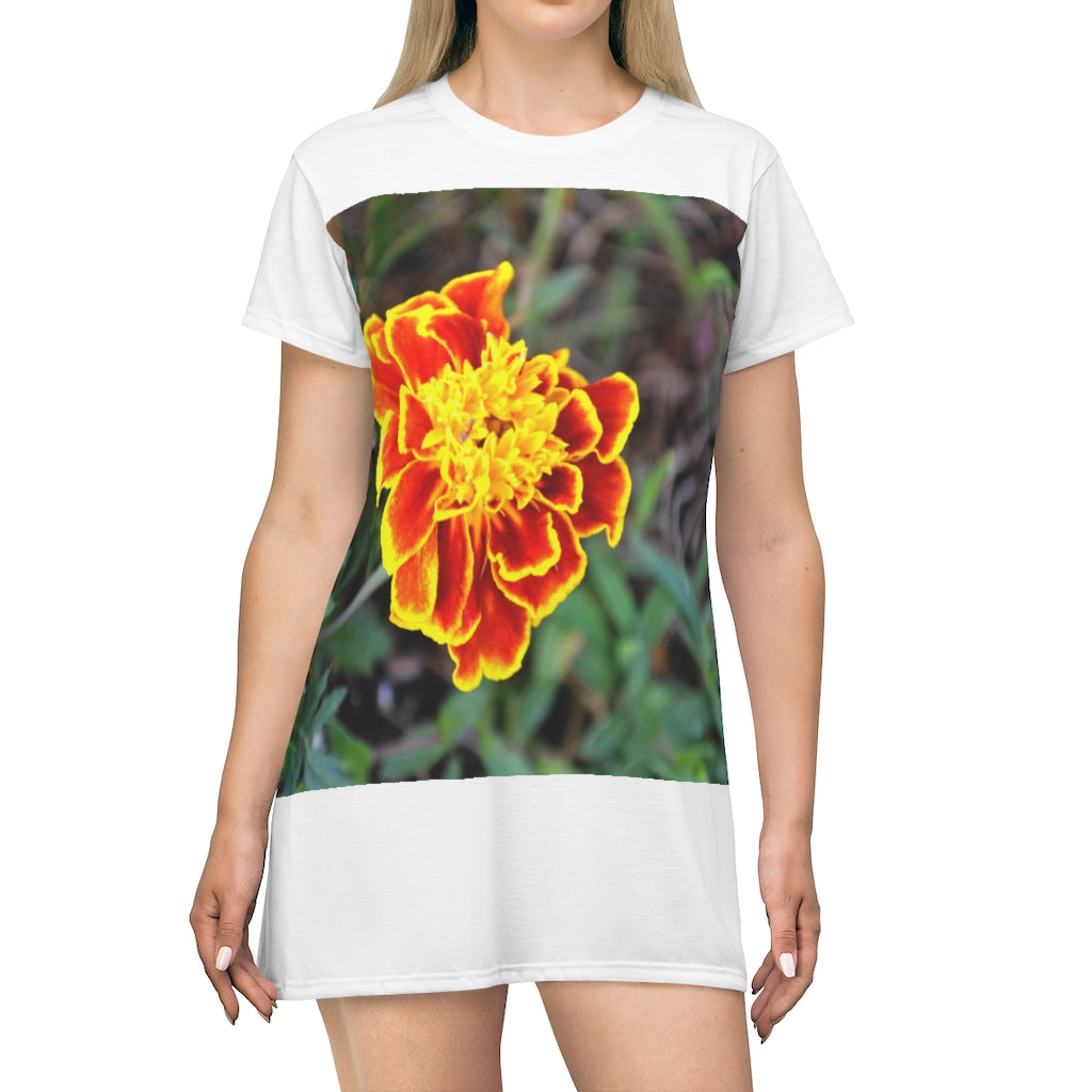A vibrant red and yellow flower all over print t-shirt dress, showcasing a stylish floral design perfect for summer wear.