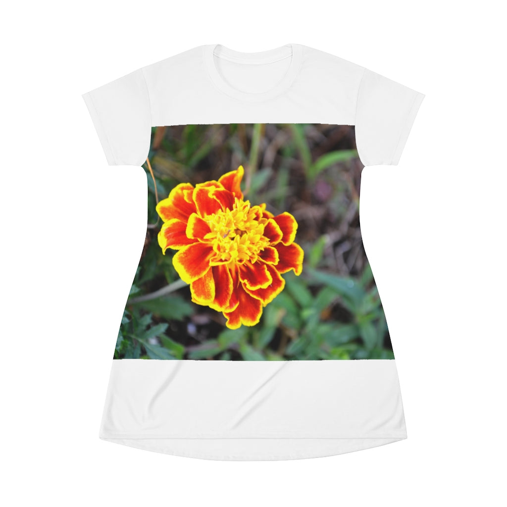 A vibrant red and yellow flower all over print t-shirt dress, showcasing a stylish floral design perfect for summer wear.