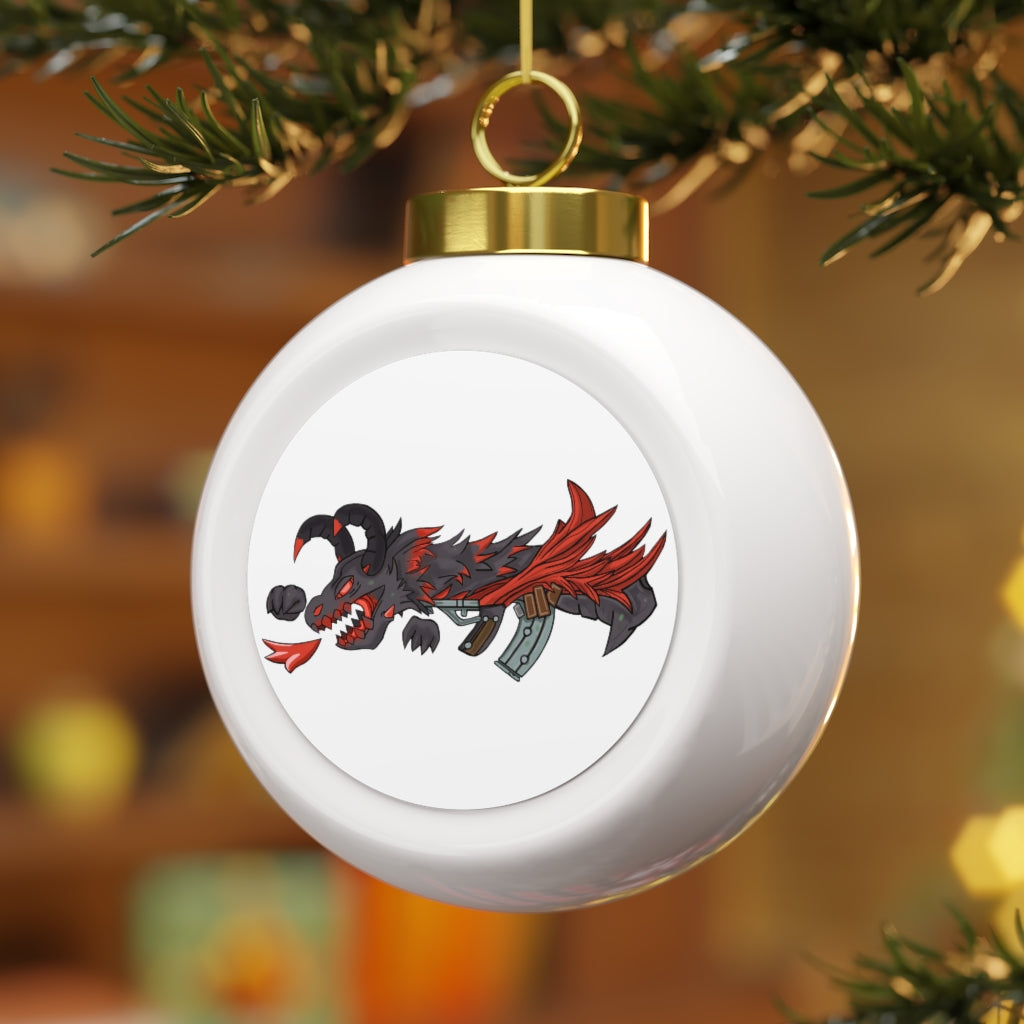 A beautifully crafted Red Black Dragon Gun Christmas Ball Ornament featuring a glossy ceramic finish and a gold ribbon for hanging, showcasing vintage style.