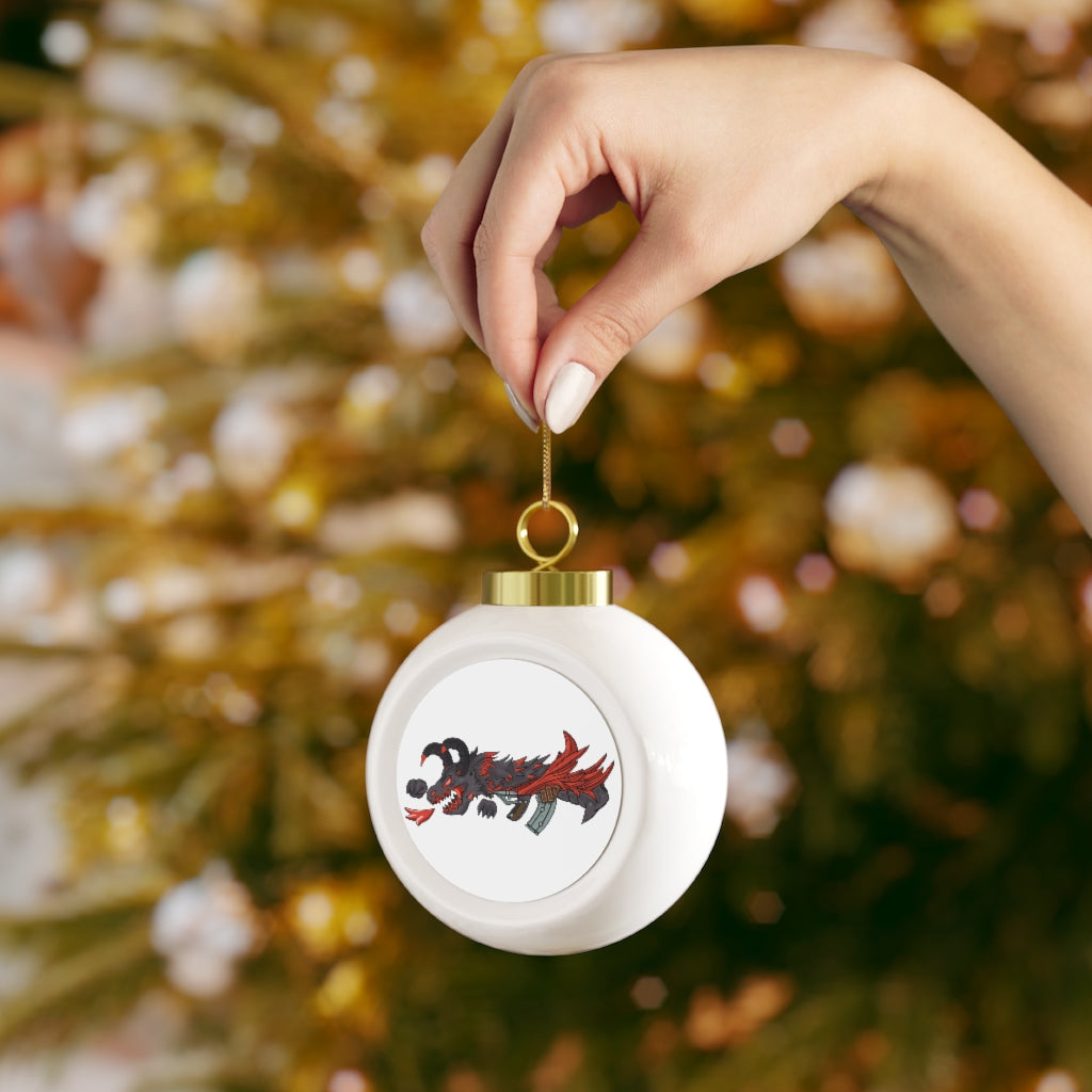 A beautifully crafted Red Black Dragon Gun Christmas Ball Ornament featuring a glossy ceramic finish and a gold ribbon for hanging, showcasing vintage style.